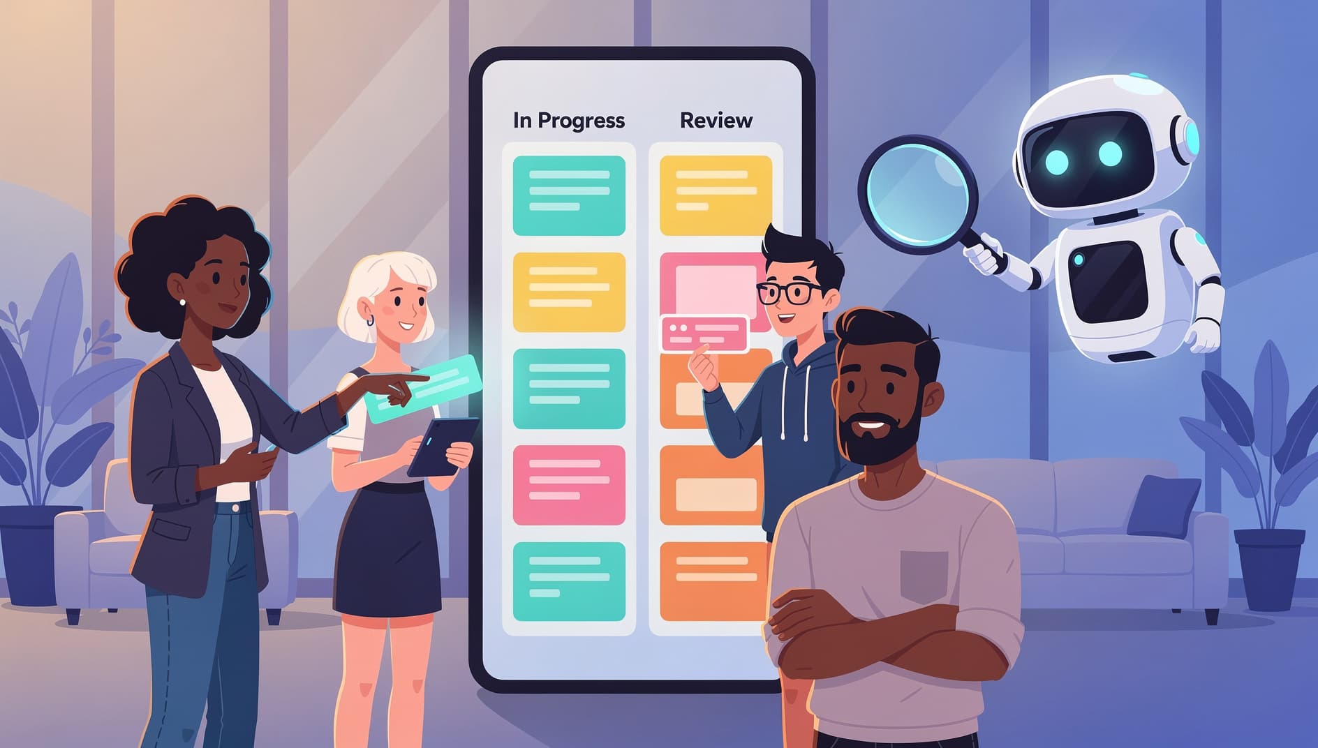 Team of developers gathered around a large screen showing an AI assistant interface helping organize user stories on a digital board
