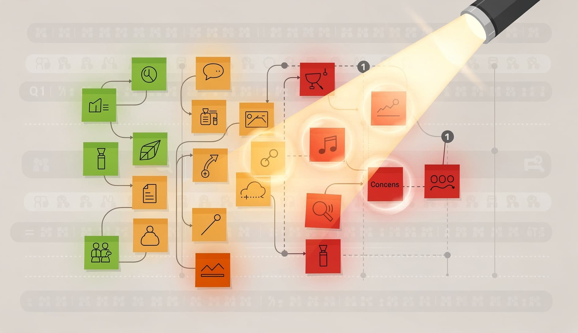 Illustrated dashboard showing retrospective feedback cards being analyzed by AI, with sentiment scores and recurring theme clusters highlighted across multiple sprints