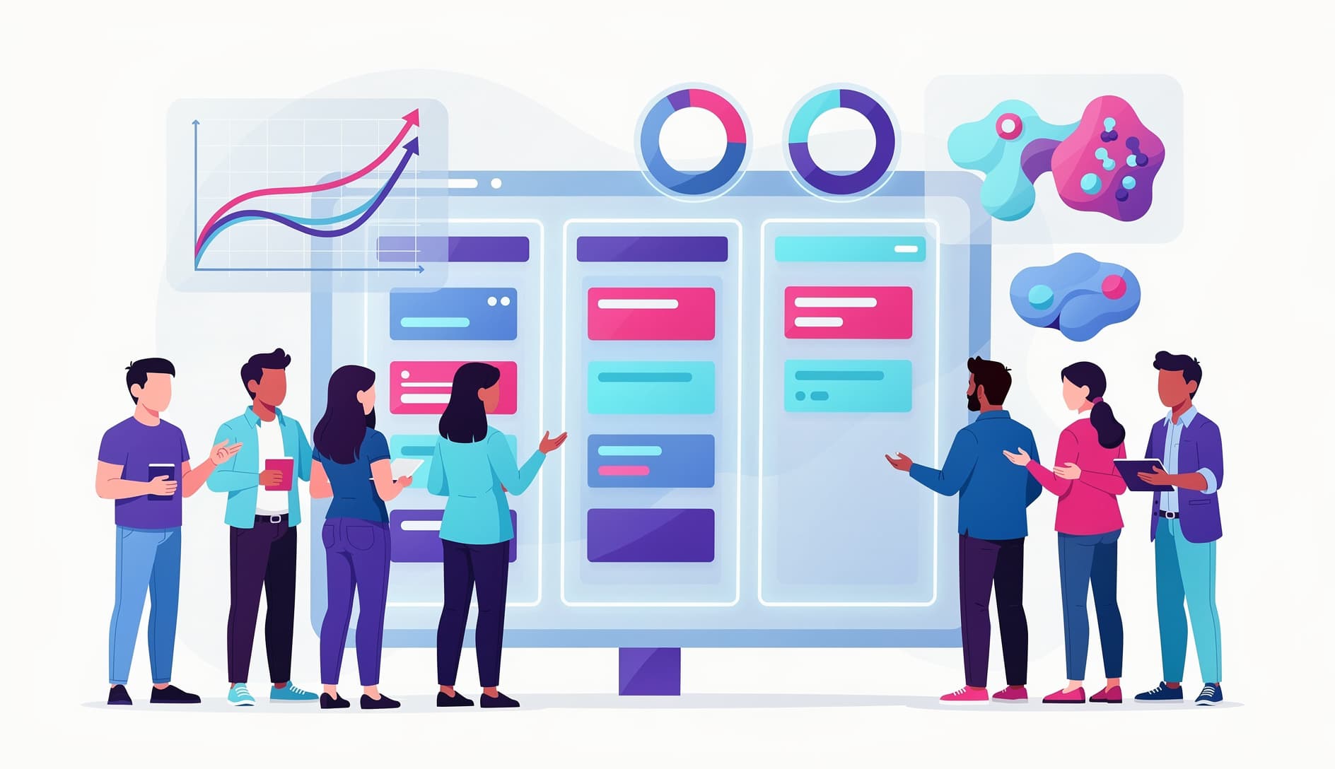 Agile team collaborating around a digital board with AI-generated insights floating above, showing sprint data, sentiment indicators, and task suggestions in a modern office setting
