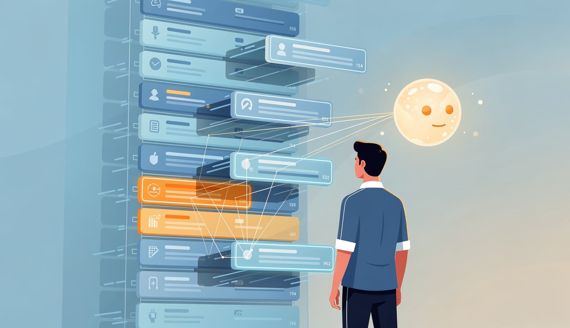 Product owner reviewing a backlog with AI-suggested priority rankings and dependency lines connecting related items, showing both the AI recommendations and manual overrides