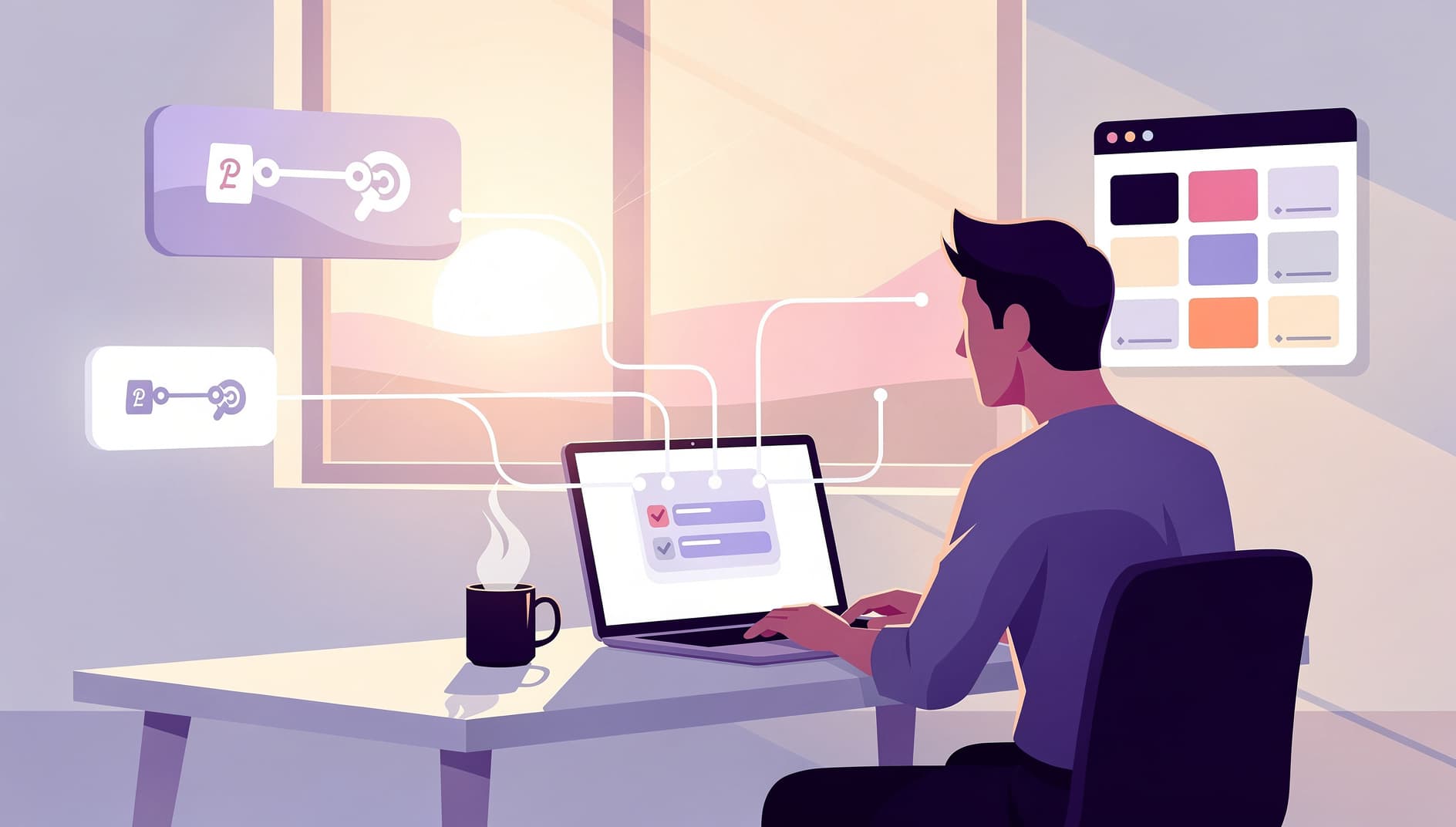 Illustrated scene of a developer at a tidy desk in the early morning with a coffee, watching a chat panel auto-fill three short standup bullets while glowing connector lines pull data from a pull request icon and a kanban board, modern flat editorial style with vibrant purple and pink accents, no text visible