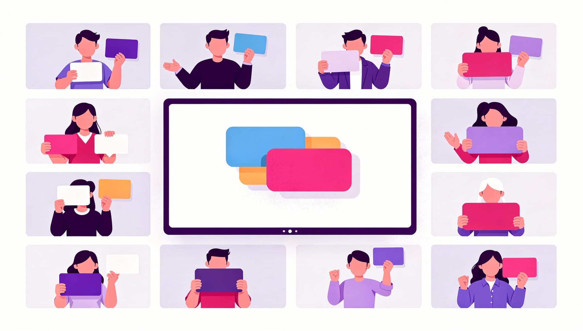 Flat vector illustration of a remote software team estimating together, each holding up a colorful voting card toward a shared screen, clean editorial style