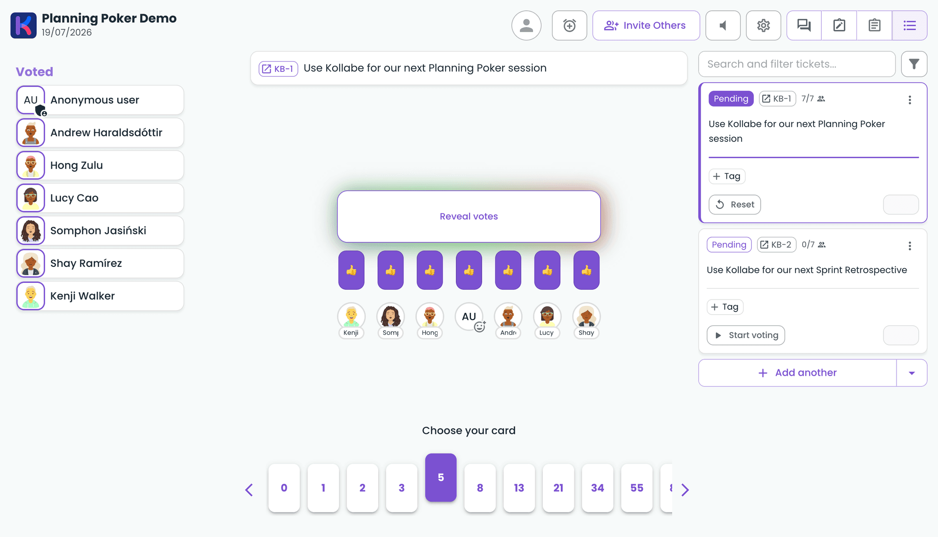 Screenshot of a live Kollabe planning poker room with voting cards and participants