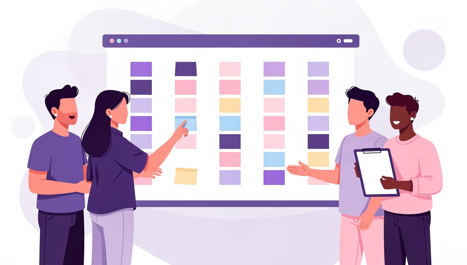 Flat illustration of a diverse software team gathered around a large digital retrospective board covered in colorful sticky notes, with one person comparing options on a giant checklist