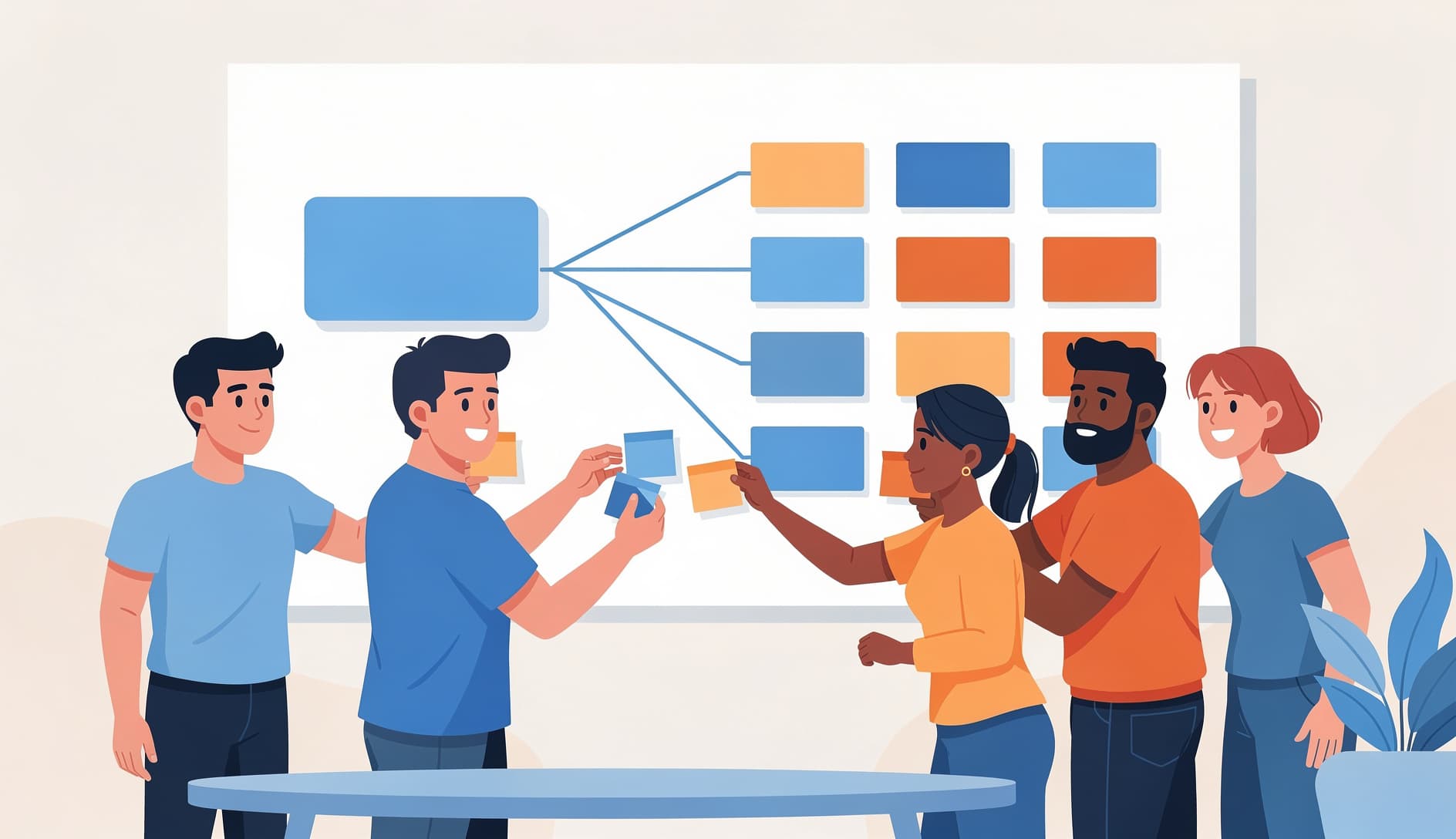 Agile team at a whiteboard breaking apart a large sticky note into several smaller ones, representing the process of splitting an epic into manageable user stories