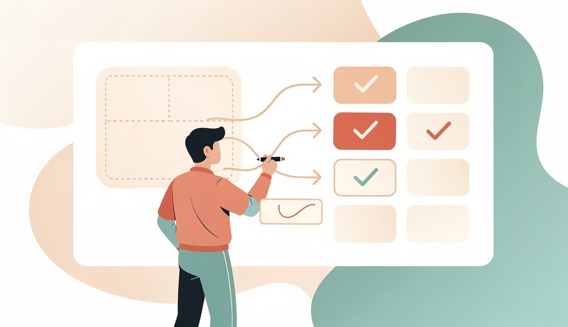 Developer looking at a whiteboard diagram showing a large box labeled epic being split into smaller connected boxes representing user stories, with arrows showing dependencies