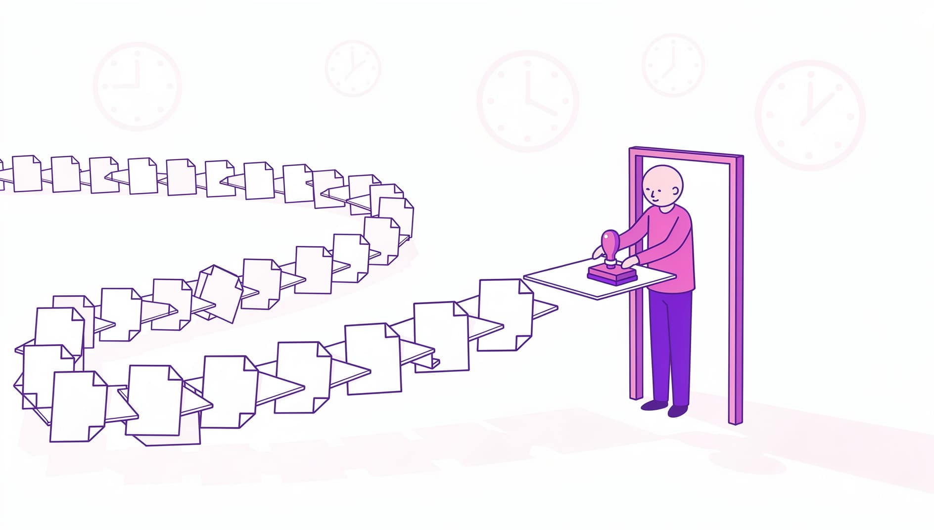 Flat illustration of a long queue of paper documents waiting in front of a single small gate, with one character stamping documents while others pile up behind