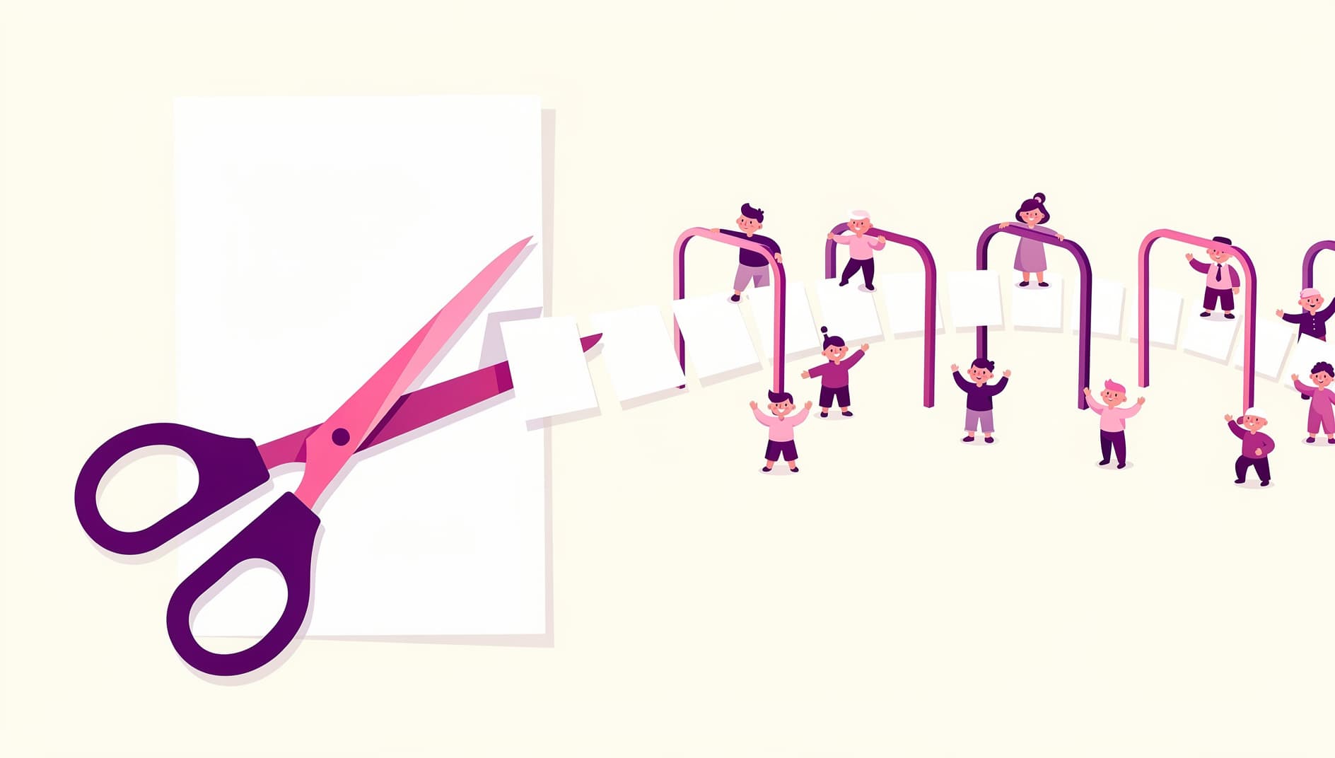 Flat illustration of a large paper document being cut into several small tidy documents that flow quickly through multiple open gates