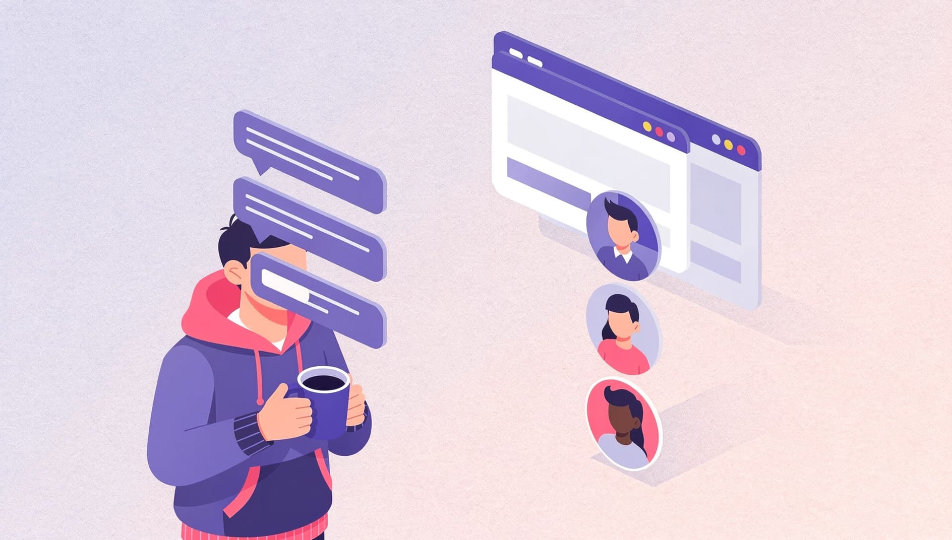 A stylized Slack DM thread on the left with short conversational reply bubbles from a developer holding a coffee, and on the right a clean channel summary card with threaded team replies underneath, modern flat editorial illustration in purple and pink