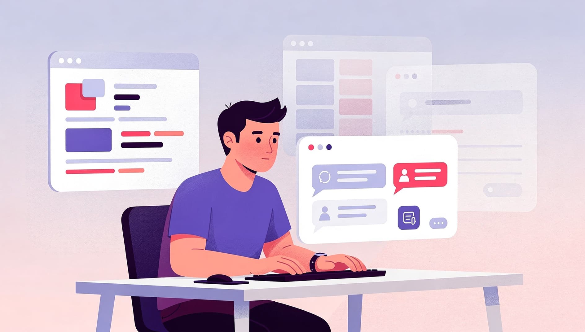 A developer at a desk with four browser tabs floating around them: a pull request diff, a Linear ticket, a Slack channel, and a half-empty standup form that looks neglected. Modern flat editorial illustration in purple and pink, isometric perspective