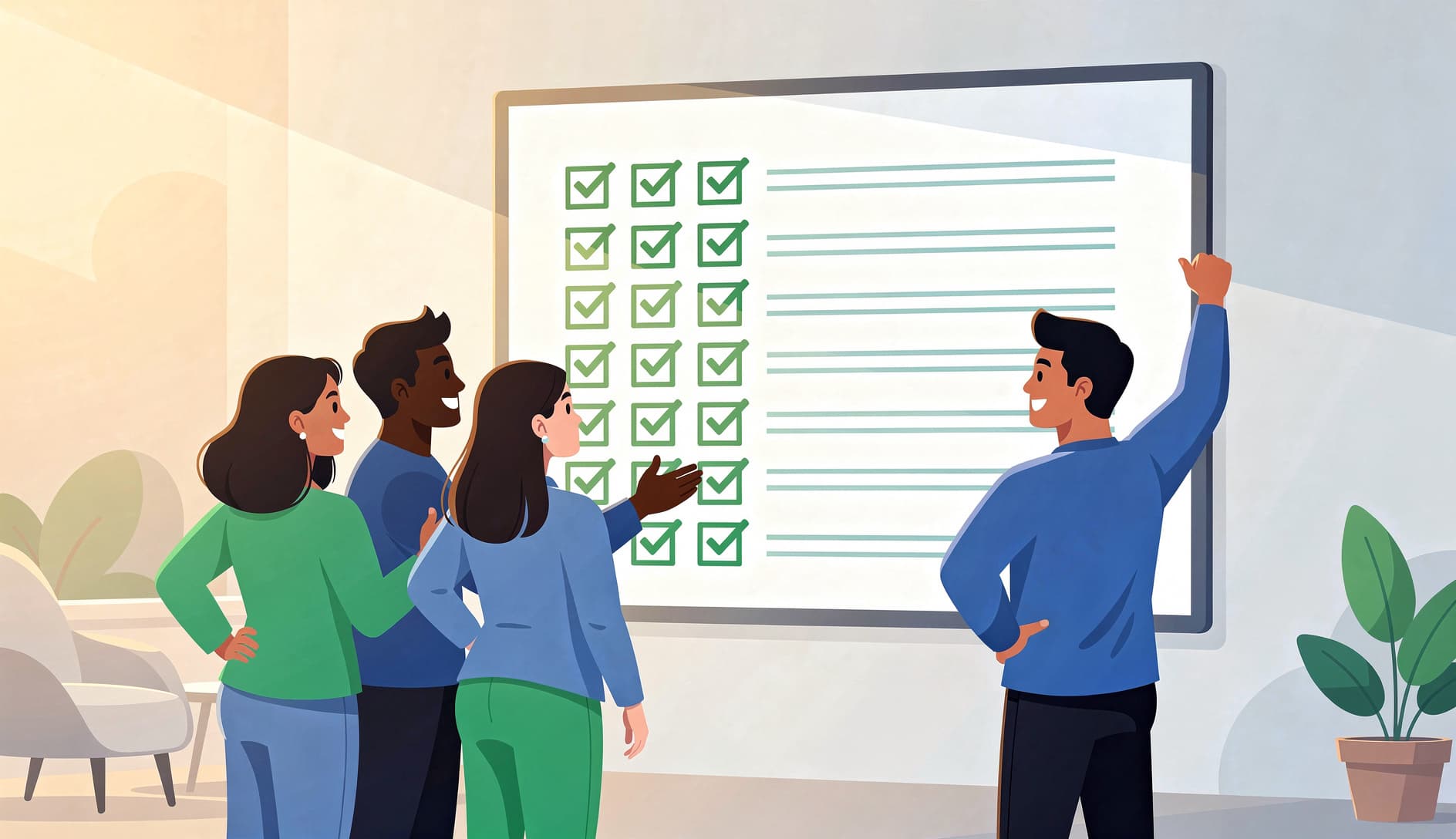 Agile team standing around a whiteboard with a completed checklist, high-fiving after finishing a sprint increment