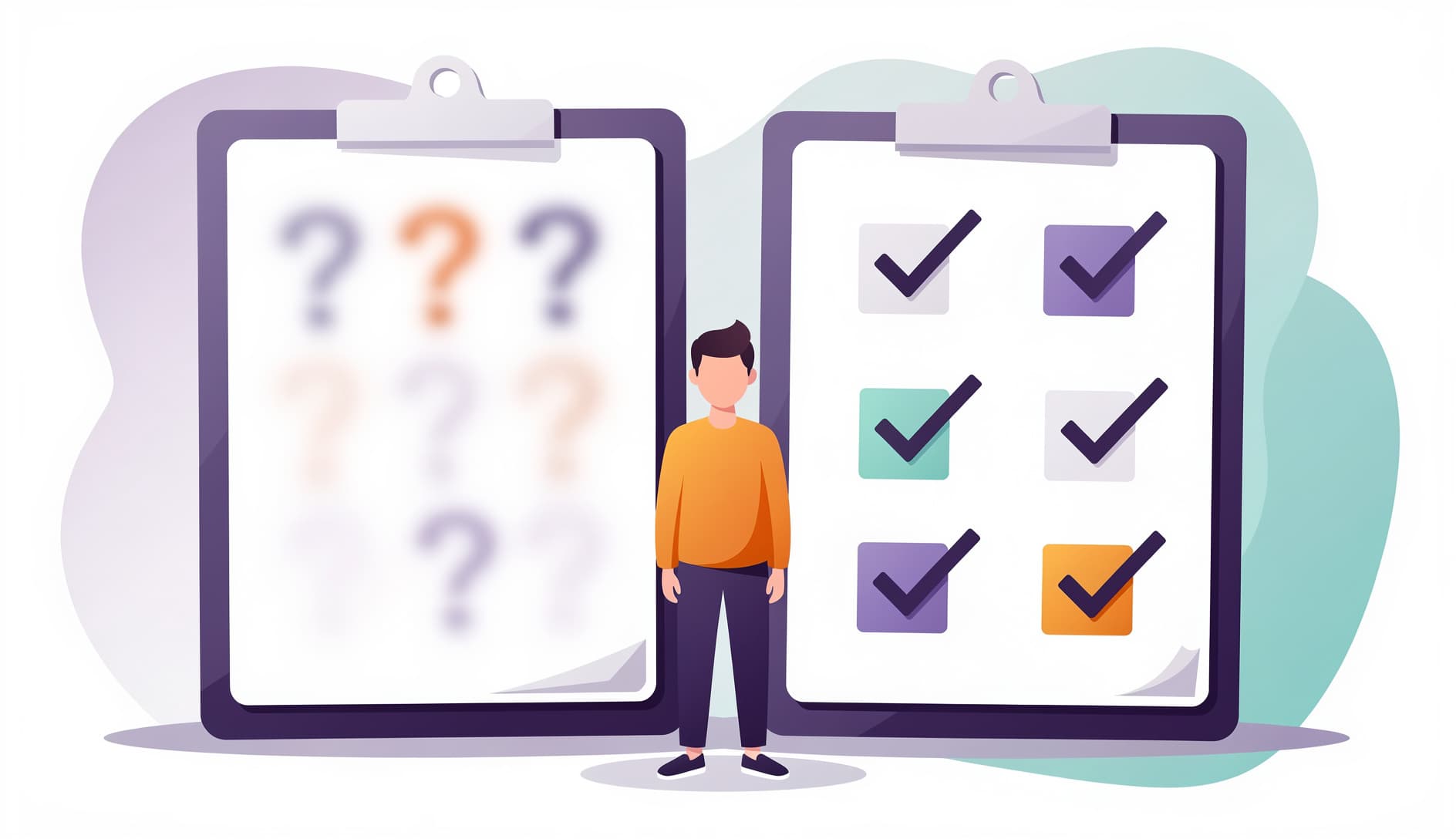 Person looking at a giant checklist with some items clearly marked done and others ambiguous, illustrating the difference between vague and specific criteria