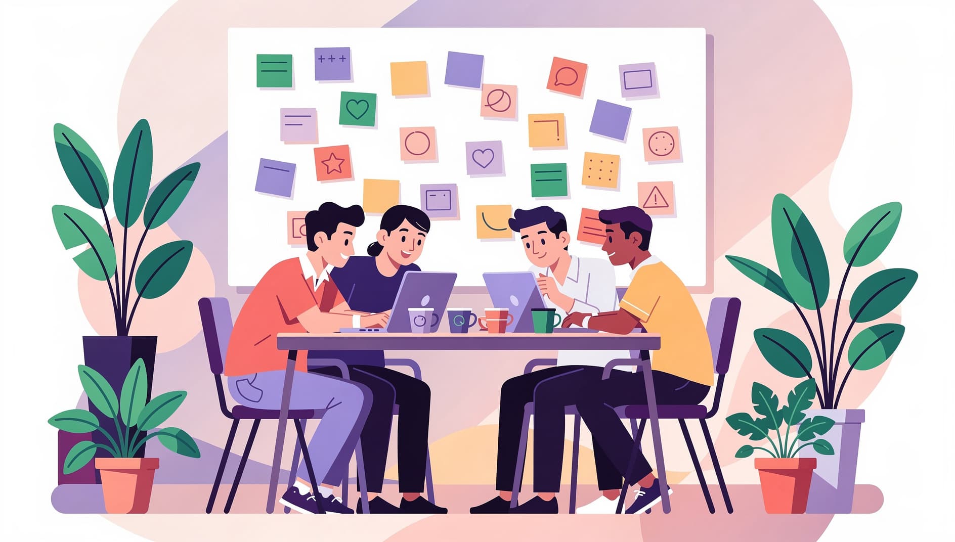 Illustration of a small startup team of four working in a cramped office with laptops, sticky notes on a single whiteboard, and a shipping calendar on the wall, energetic and slightly chaotic