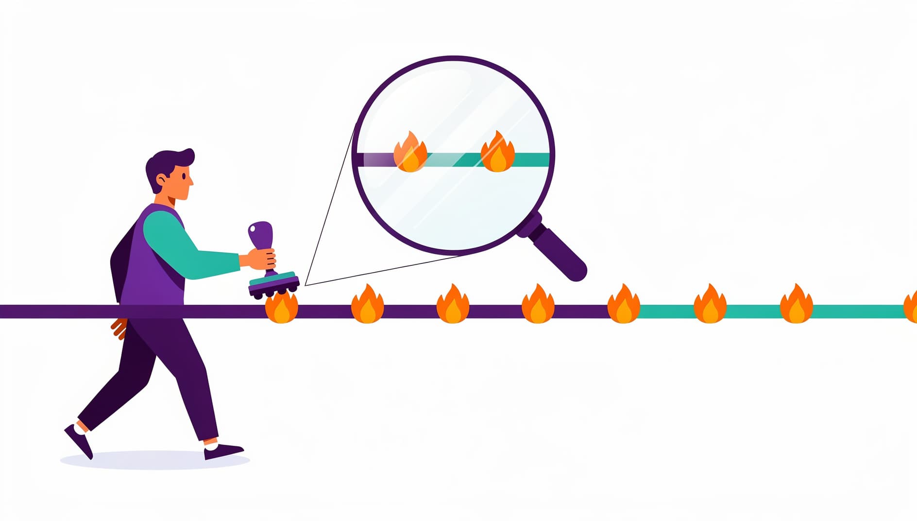 Illustration of a person repeatedly stamping out the same small fire on a long timeline, with the identical fire reappearing at intervals behind them, and a magnifying glass revealing the repeating pattern