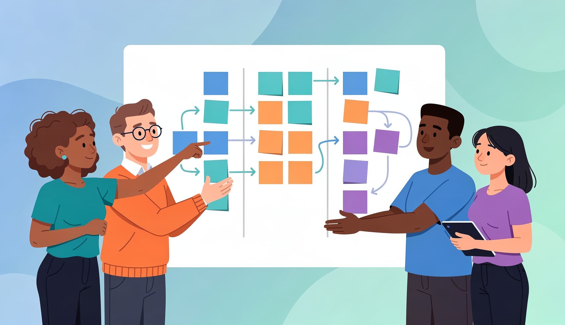 Agile team gathered around a board with flowing streams of work items moving through columns, illustrated in a modern flat style with bright colors