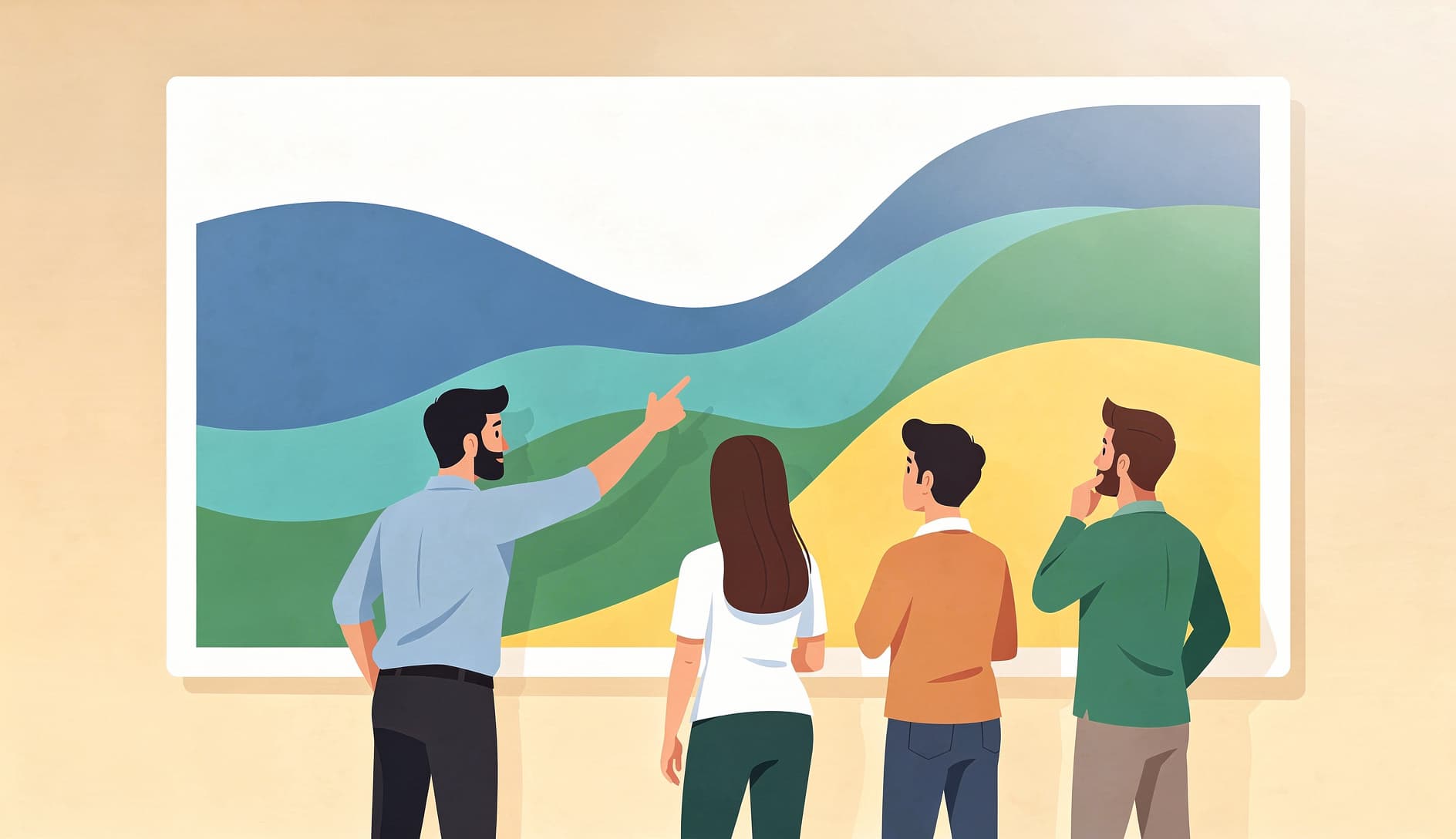 Team members pointing at a large wall chart showing a cumulative flow diagram with colorful bands representing different workflow stages