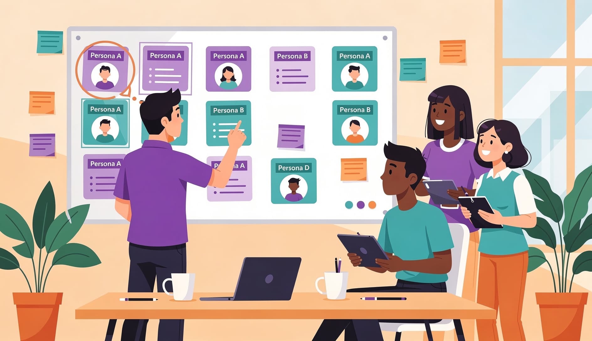 Product team gathered around a whiteboard with colorful persona cards pinned to it, discussing user needs and behaviors during a product planning session