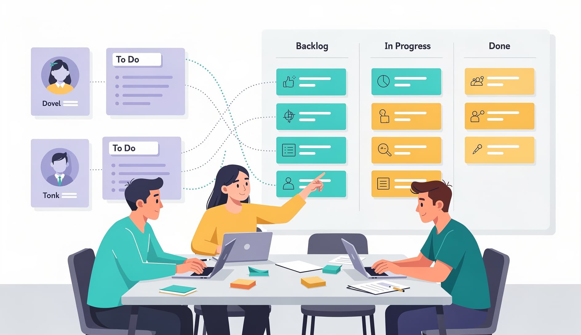 Agile team during sprint planning, with persona cards visible on a board alongside user story cards, showing how personas connect to daily planning work