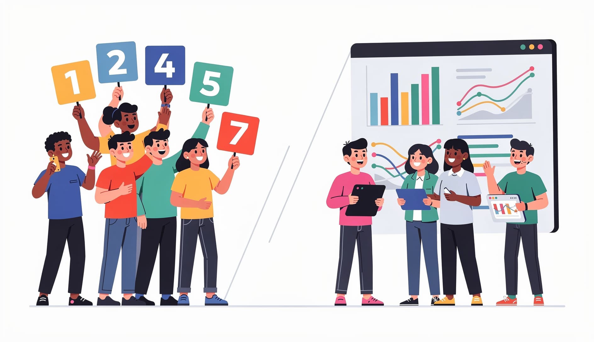 Two groups of developers in a friendly standoff, one side holding estimation cards and the other side holding flow charts and cycle time graphs, with a divide between them