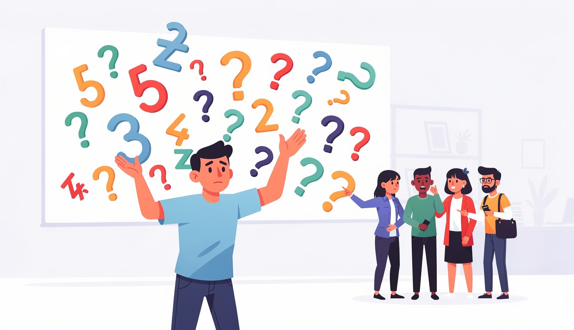 Developer looking at a whiteboard covered in estimation numbers and question marks, scratching their head in confusion while teammates debate in the background