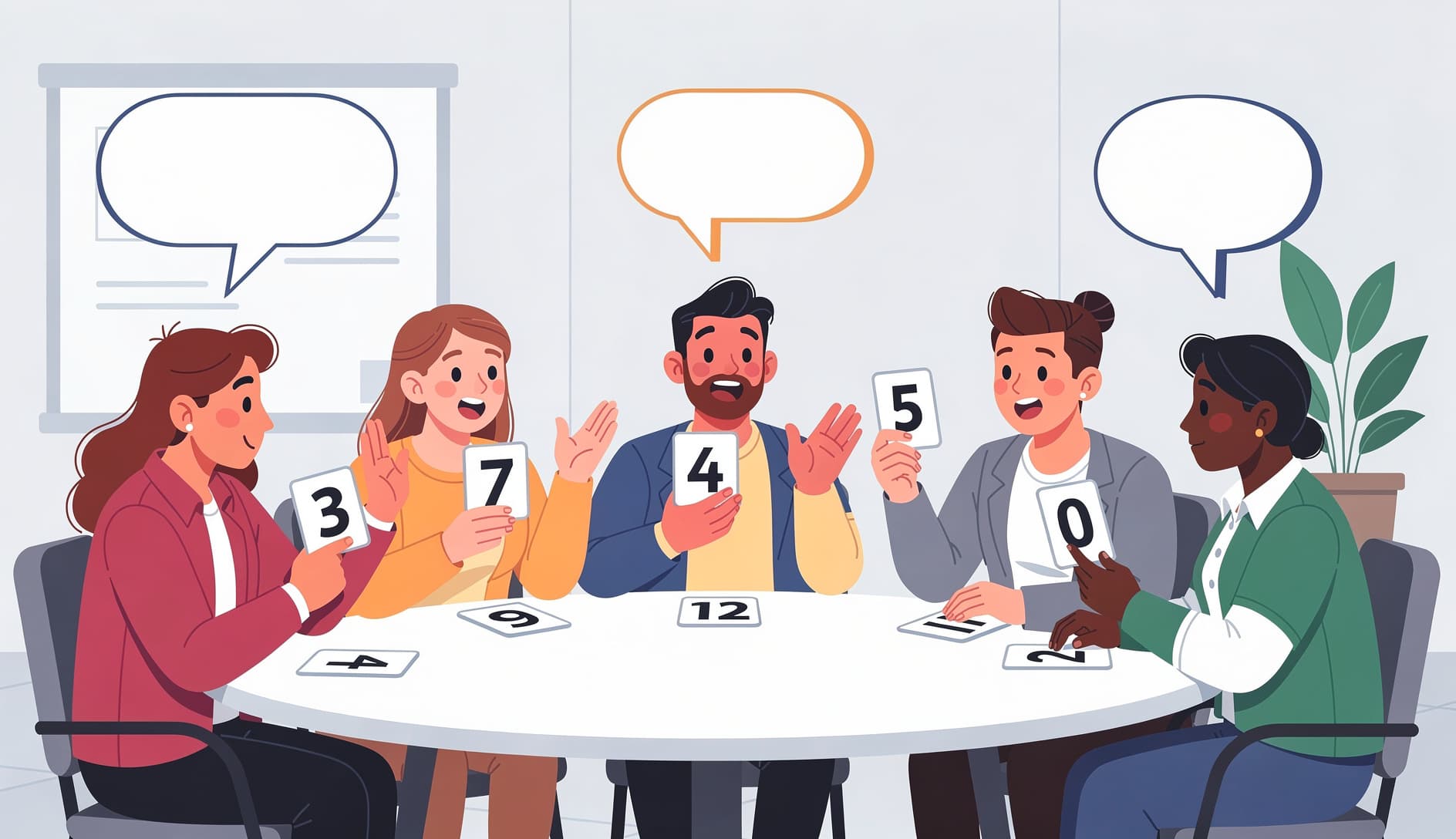 Team gathered around a table with planning poker cards laid out, some cards showing matching numbers and others showing wildly different values, sparking animated discussion