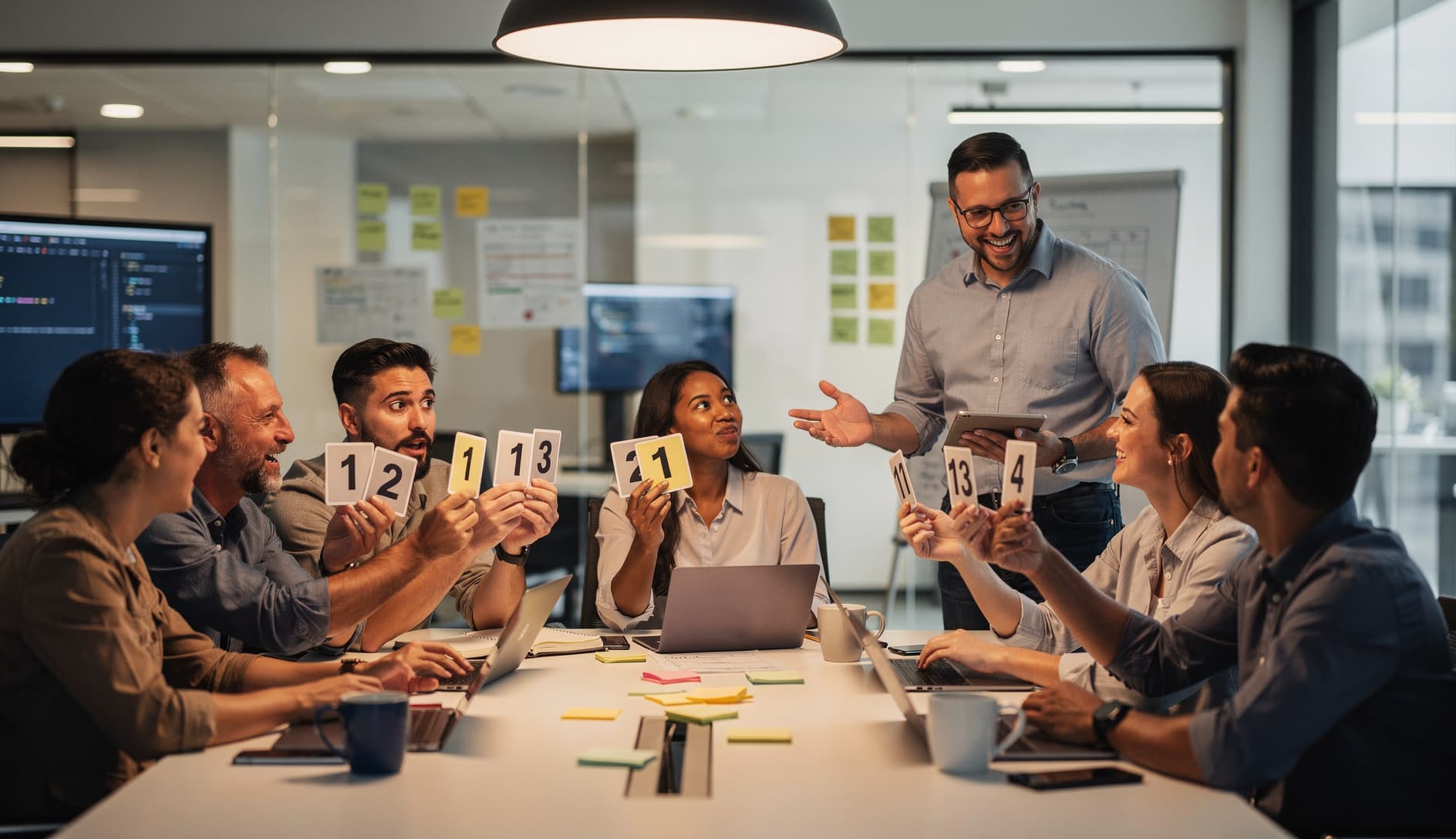 A diverse agile team sitting around a table during a planning poker session, holding up cards with different estimates showing disagreement, with a scrum master facilitating the discussion