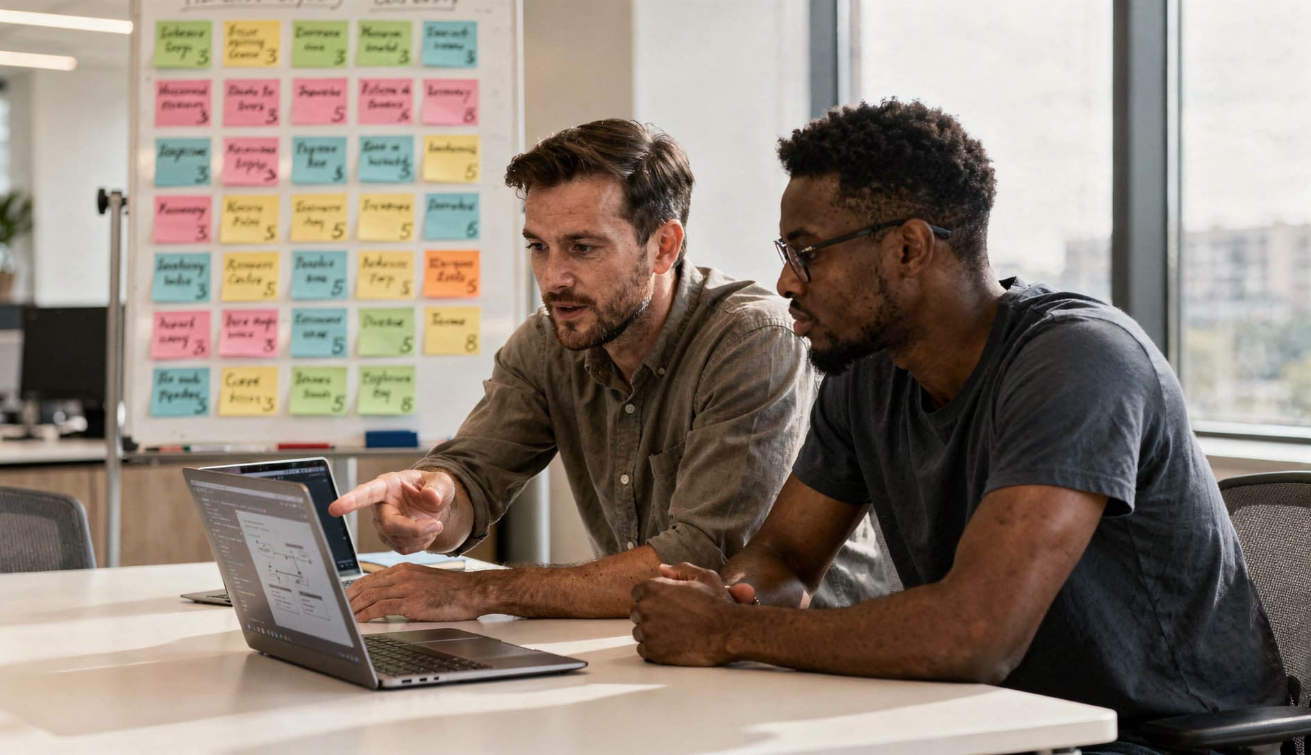 Two software developers having a respectful, engaged discussion over a laptop screen, with one pointing at the screen explaining their technical approach while the other listens thoughtfully, with estimation cards visible on a whiteboard
