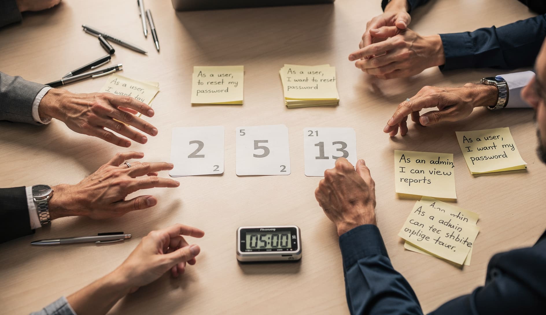 A close-up overhead shot of a meeting table with planning poker cards showing different estimates, a timer, and sticky notes with user story text, conveying structured estimation debate