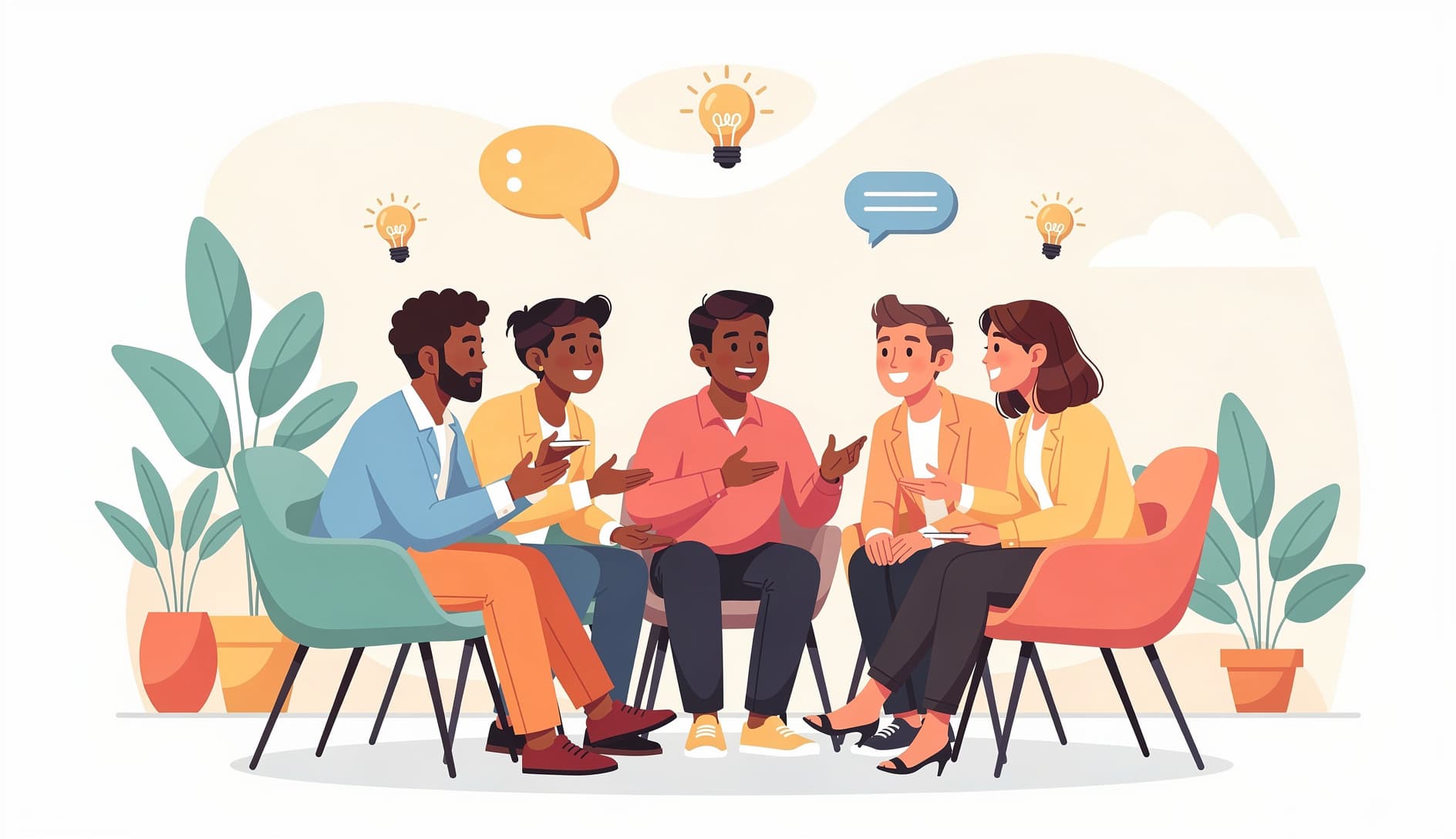 A diverse agile team sitting in a circle having an open, relaxed discussion with speech bubbles and lightbulbs floating above them, conveying trust and open communication