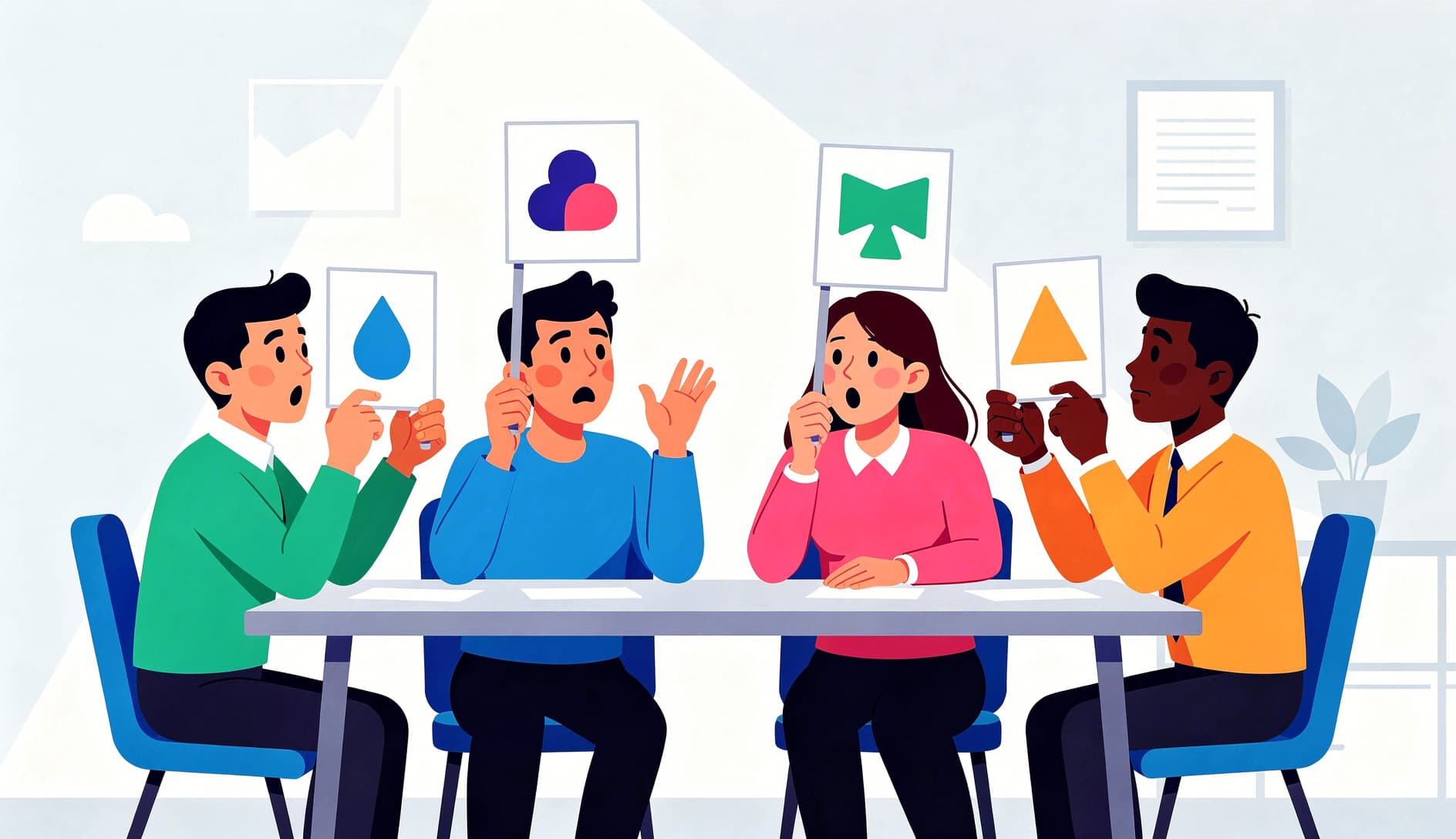 Team members each holding up different numbered cards simultaneously during a planning poker session, showing diverse estimates without judgment