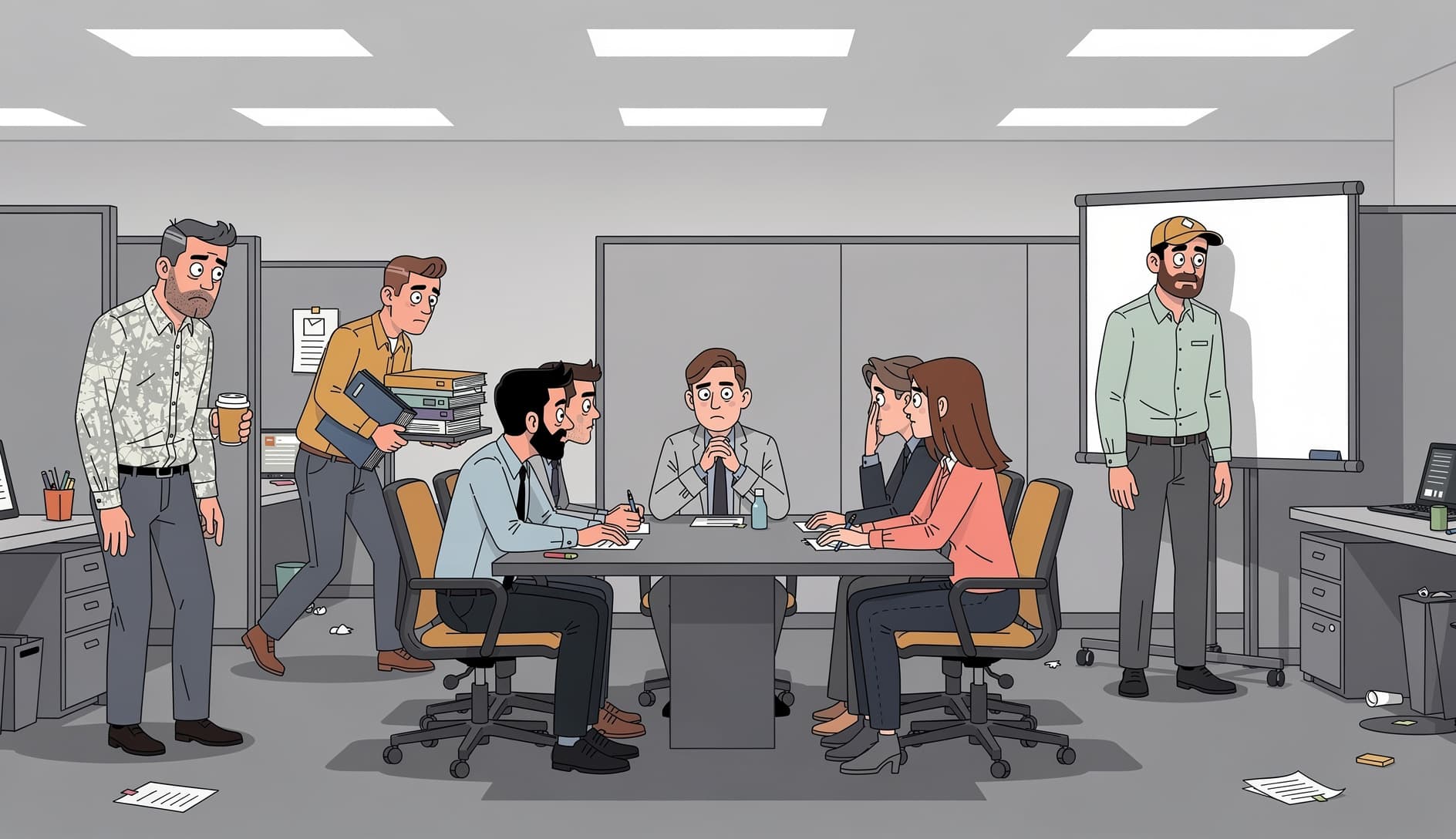 A group of developers walking like zombies through an office, mechanically going through the motions of their daily meeting rituals with glazed expressions, illustrated in a playful editorial style