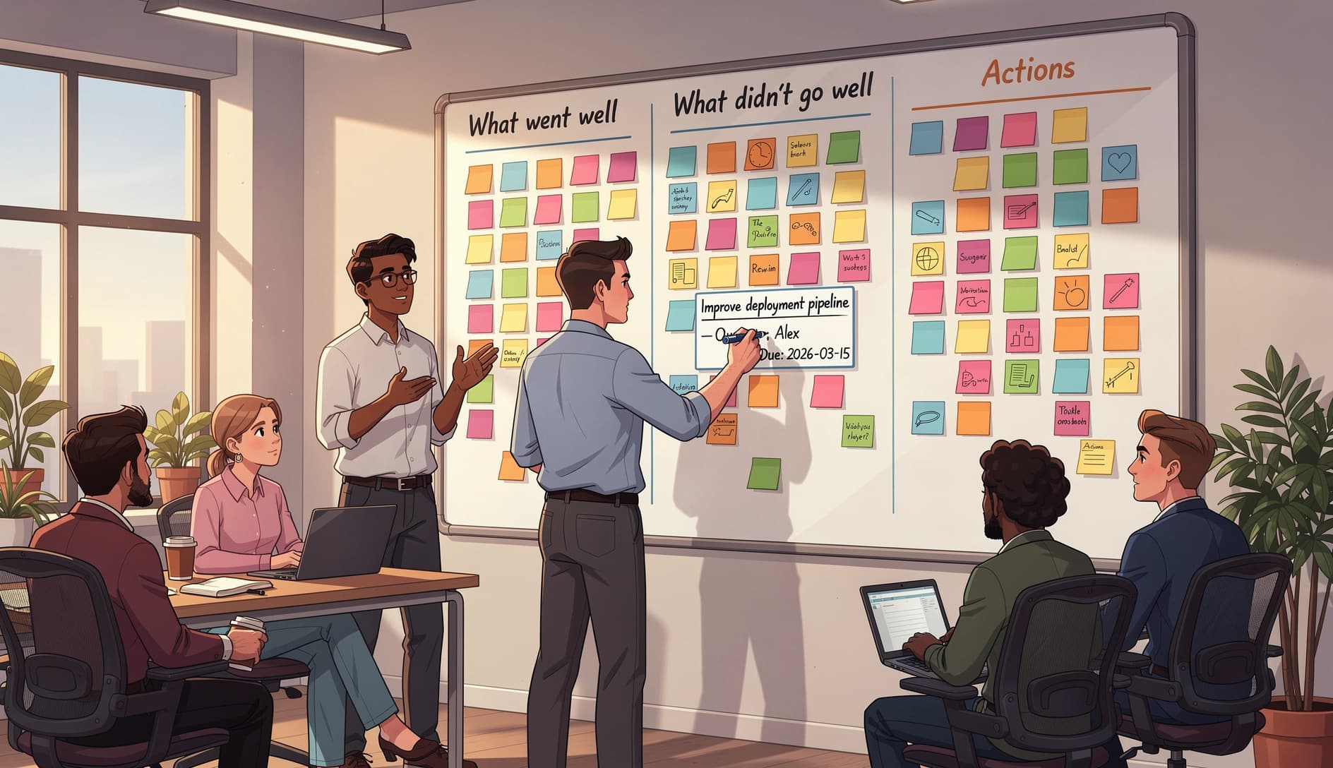 Agile team gathered around a whiteboard during a retrospective, writing clear action items with owner names and deadlines on cards