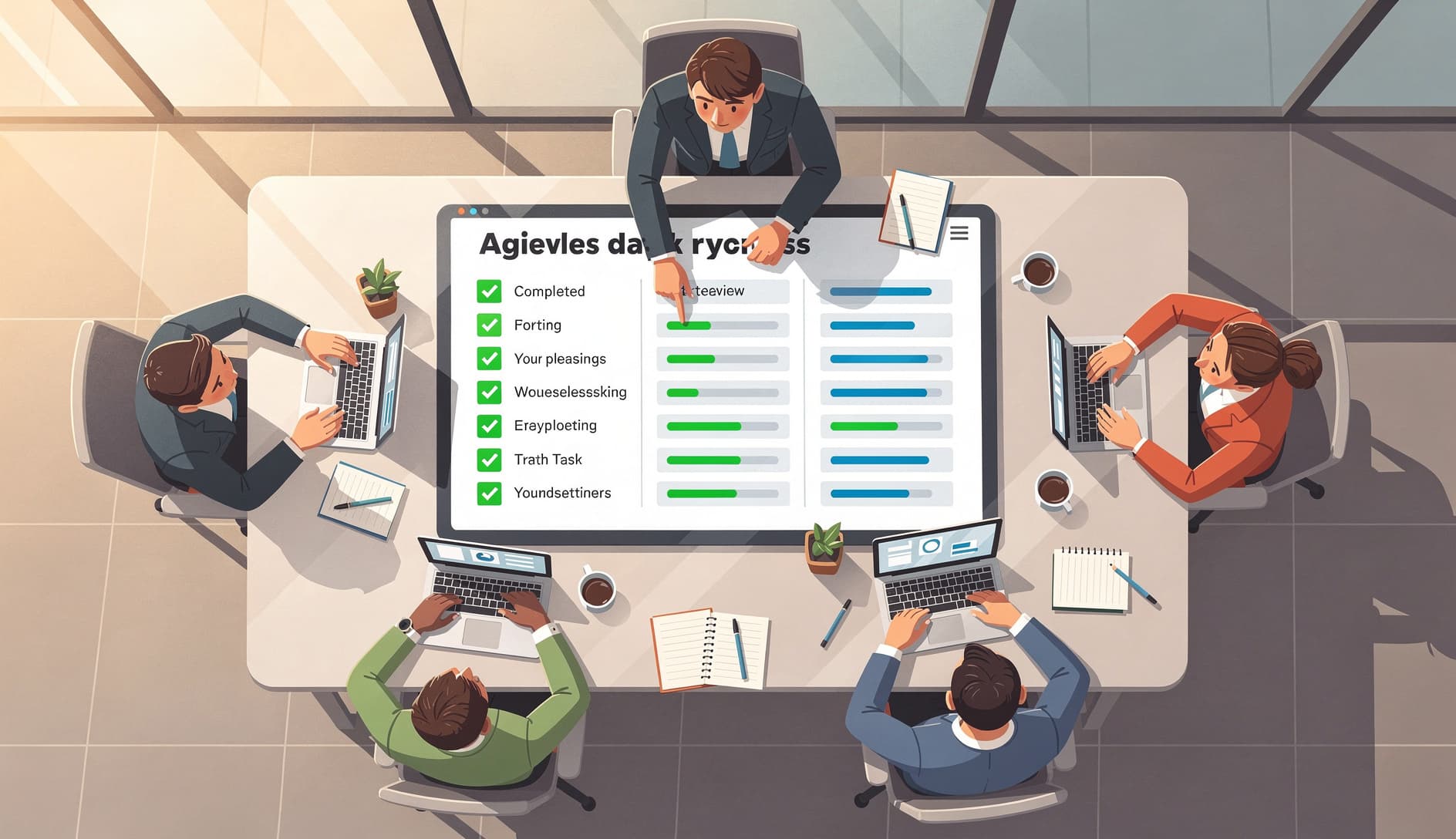 Team reviewing a checklist of completed and in-progress action items on a digital board, with green checkmarks and progress indicators