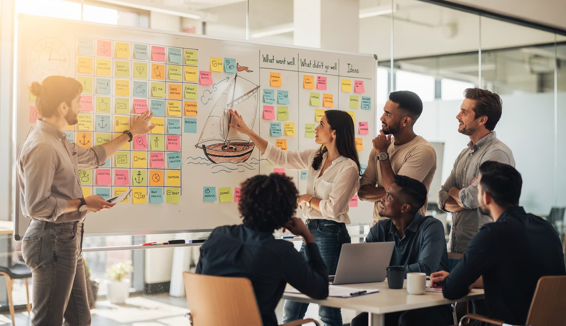 An agile team gathered around a whiteboard covered with colorful sticky notes organized in different retrospective formats
