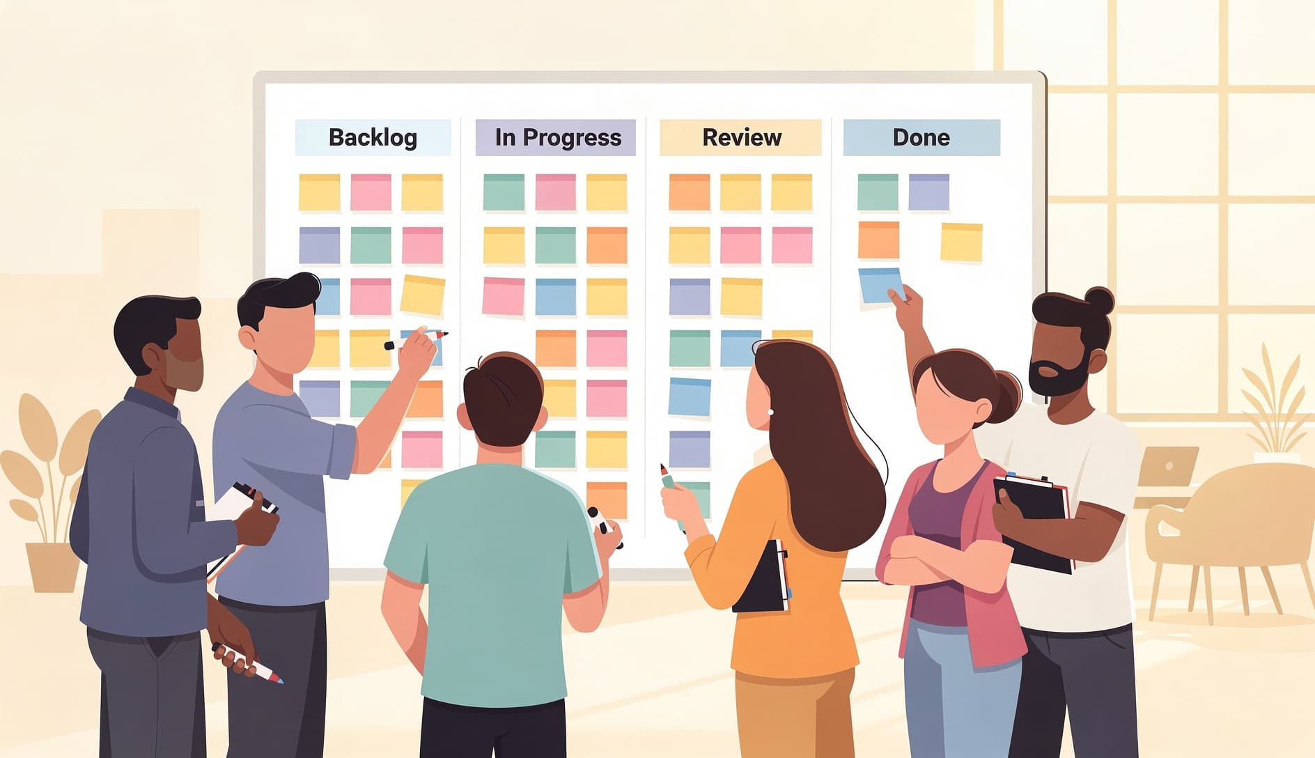 Product team gathered around a whiteboard covered in colorful sticky notes, sorting and ranking items to decide what to build next