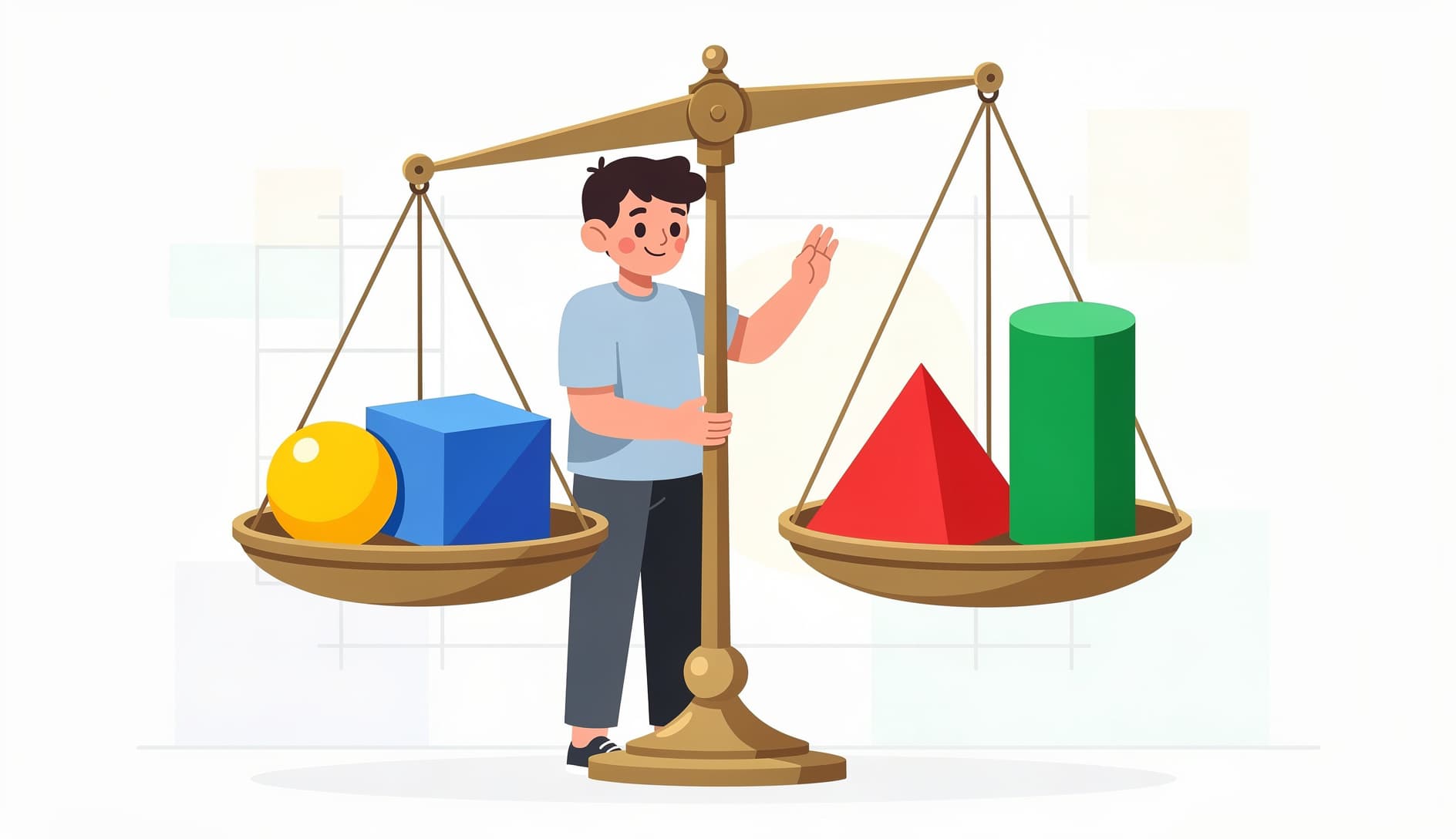 A person carefully balancing objects of different sizes on a scale, representing the weighing of reach, impact, confidence, and effort