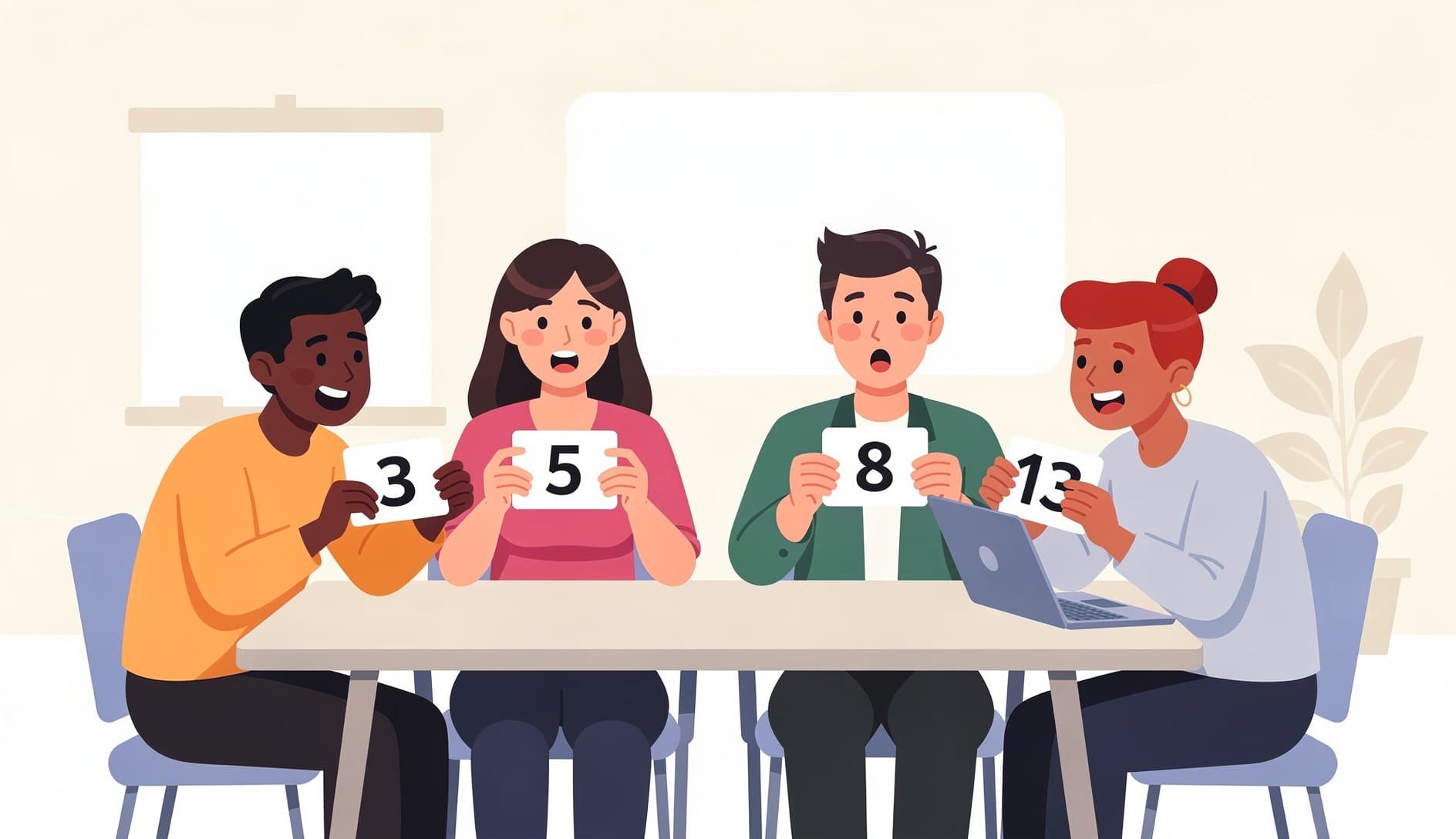 Team members individually writing scores on cards before revealing them together, preventing anchoring bias