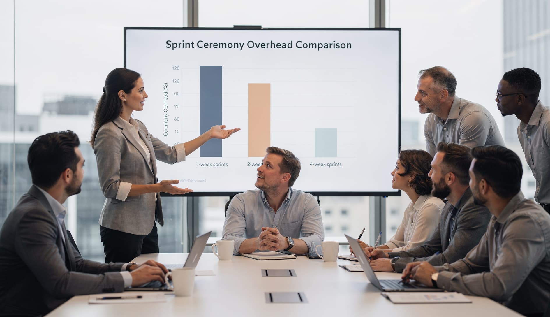 A team collaborating in a meeting room with a screen showing a bar chart comparing ceremony overhead across different sprint lengths