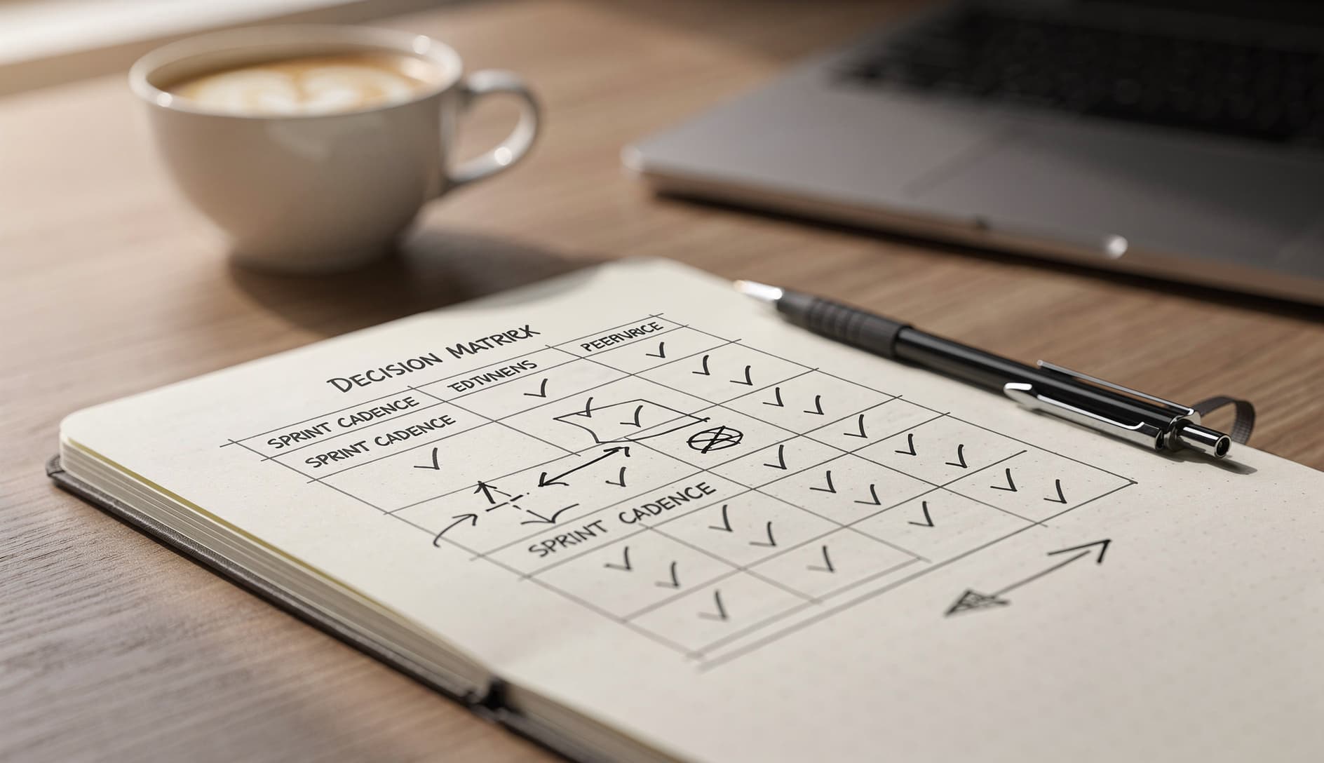 A close-up of a scrum master's notebook showing a hand-drawn decision matrix comparing different sprint cadence options