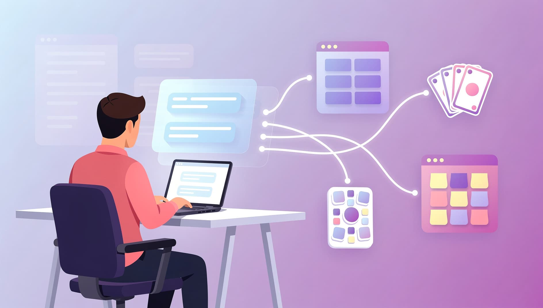 Modern editorial illustration of a developer at a laptop with translucent connection lines flowing from a chat window into stylized icons for a backlog board, a planning poker deck, and a retro board, representing an AI assistant orchestrating real tools across a sprint workflow