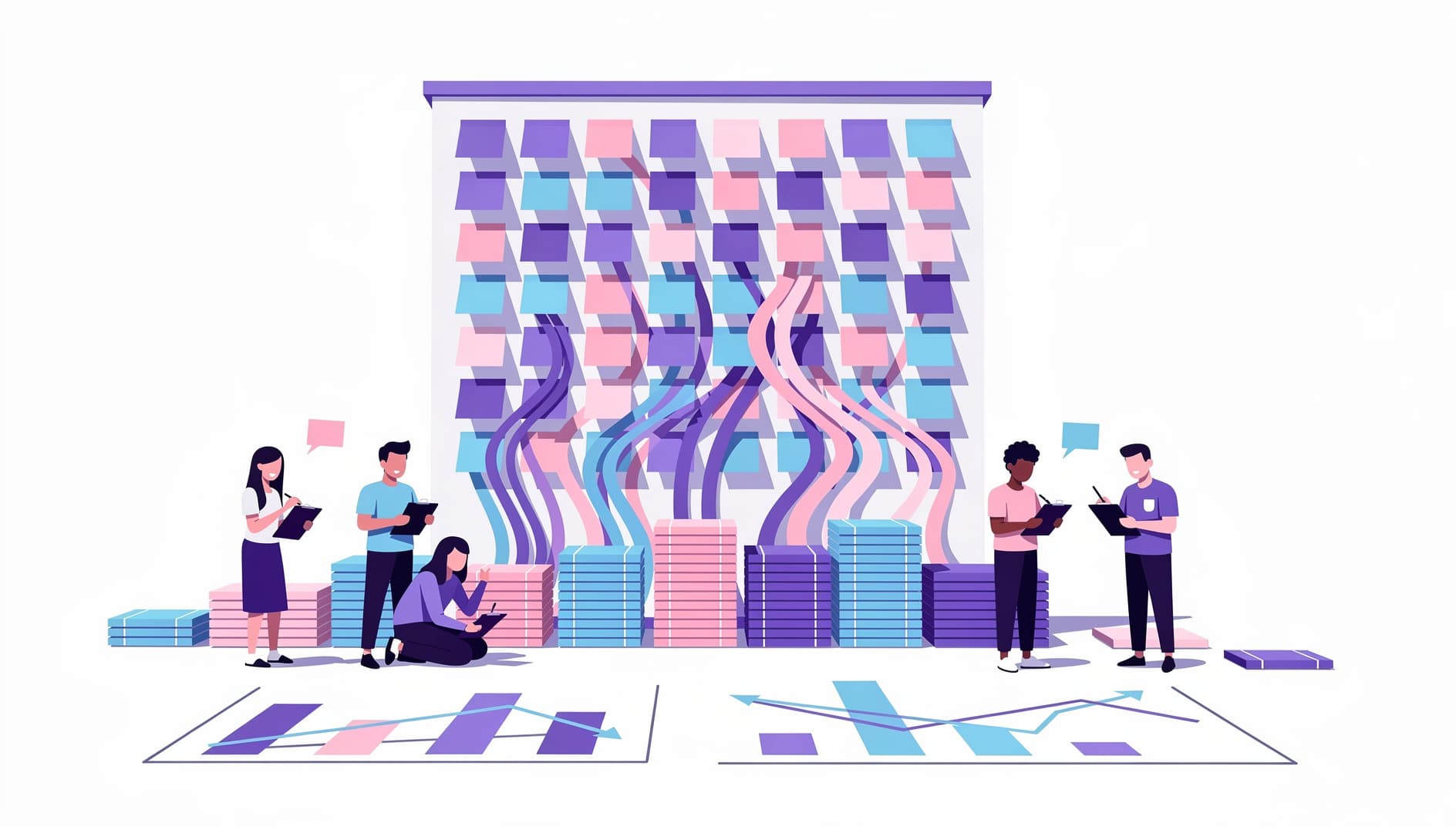 Stylized illustration of a giant retrospective board with hundreds of colorful sticky note cards flowing into organized stacks and charts, with small characters sorting and examining them