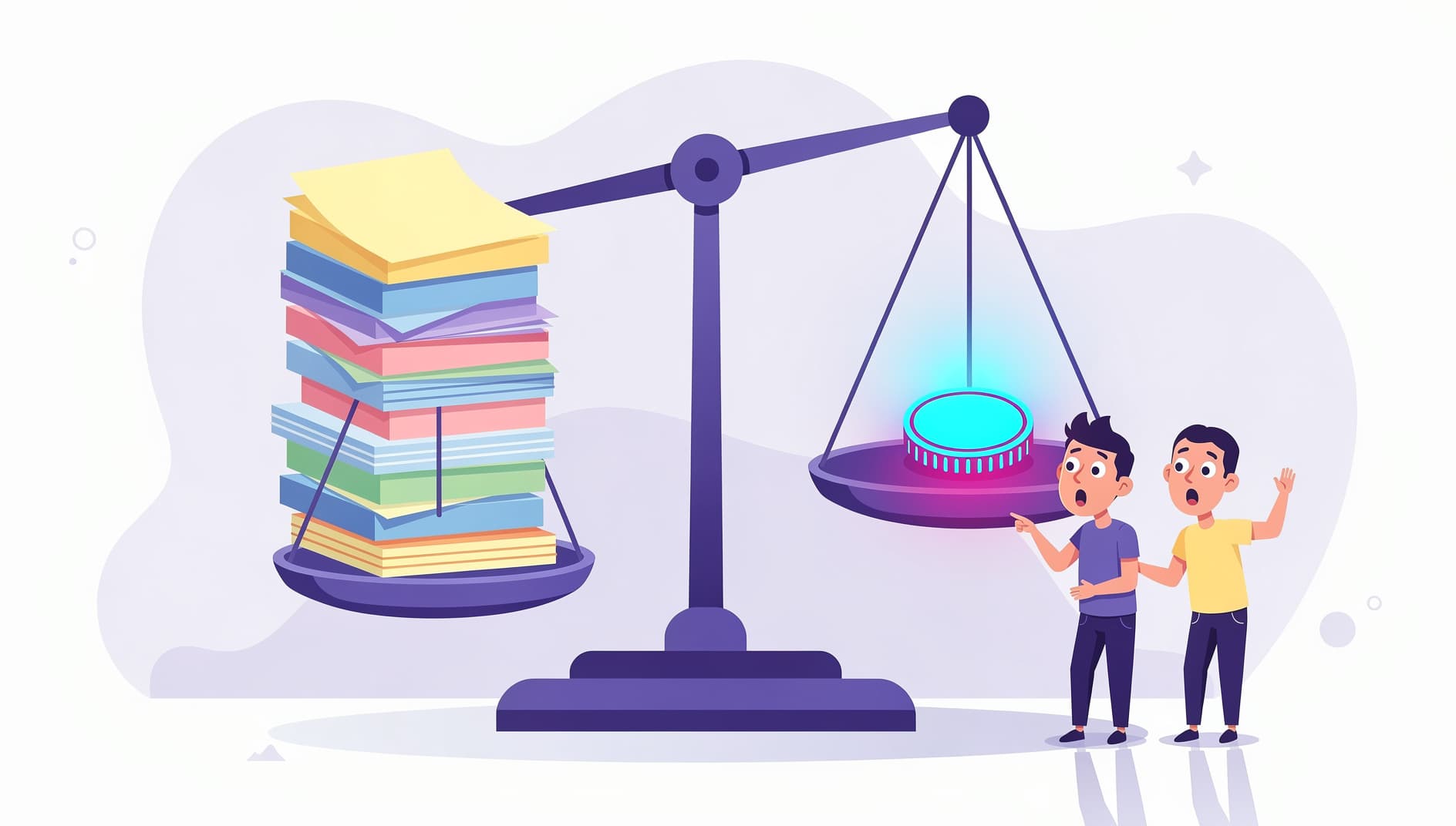 Flat design illustration of a balance scale weighing a tall stack of sticky notes on one side against a small glowing voting token on the other, small characters pointing at the heavier side