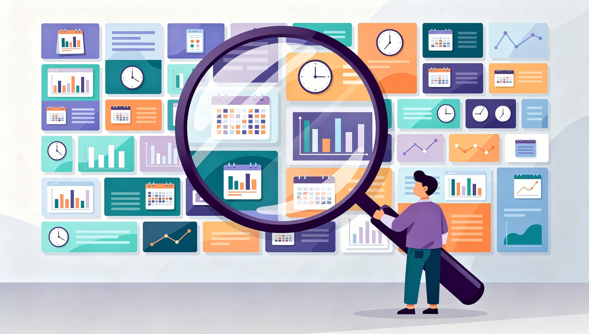 Clean vector illustration of a magnifying glass held over a wall of small colorful cards, revealing tiny charts, calendar icons and clock symbols hidden among them