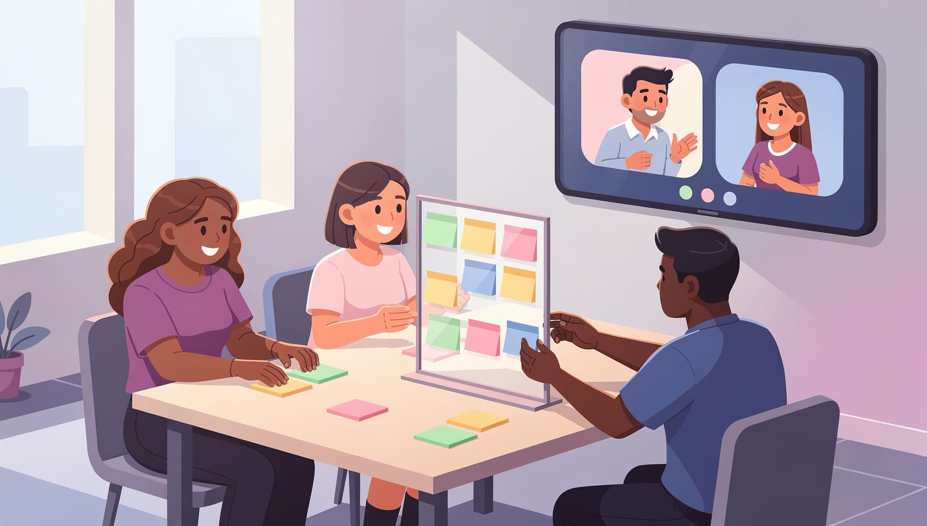 Illustrated hybrid retrospective with some teammates around a table and others joining on a large video screen, everyone adding colorful sticky notes to one shared digital board
