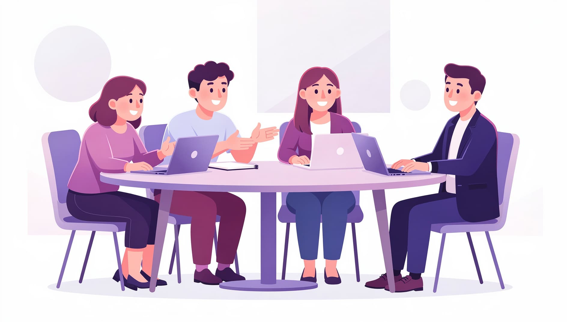 Illustrated team in an open discussion around a table with one more formally dressed guest sitting slightly apart at the edge, listening rather than leading, conveying an invited observer