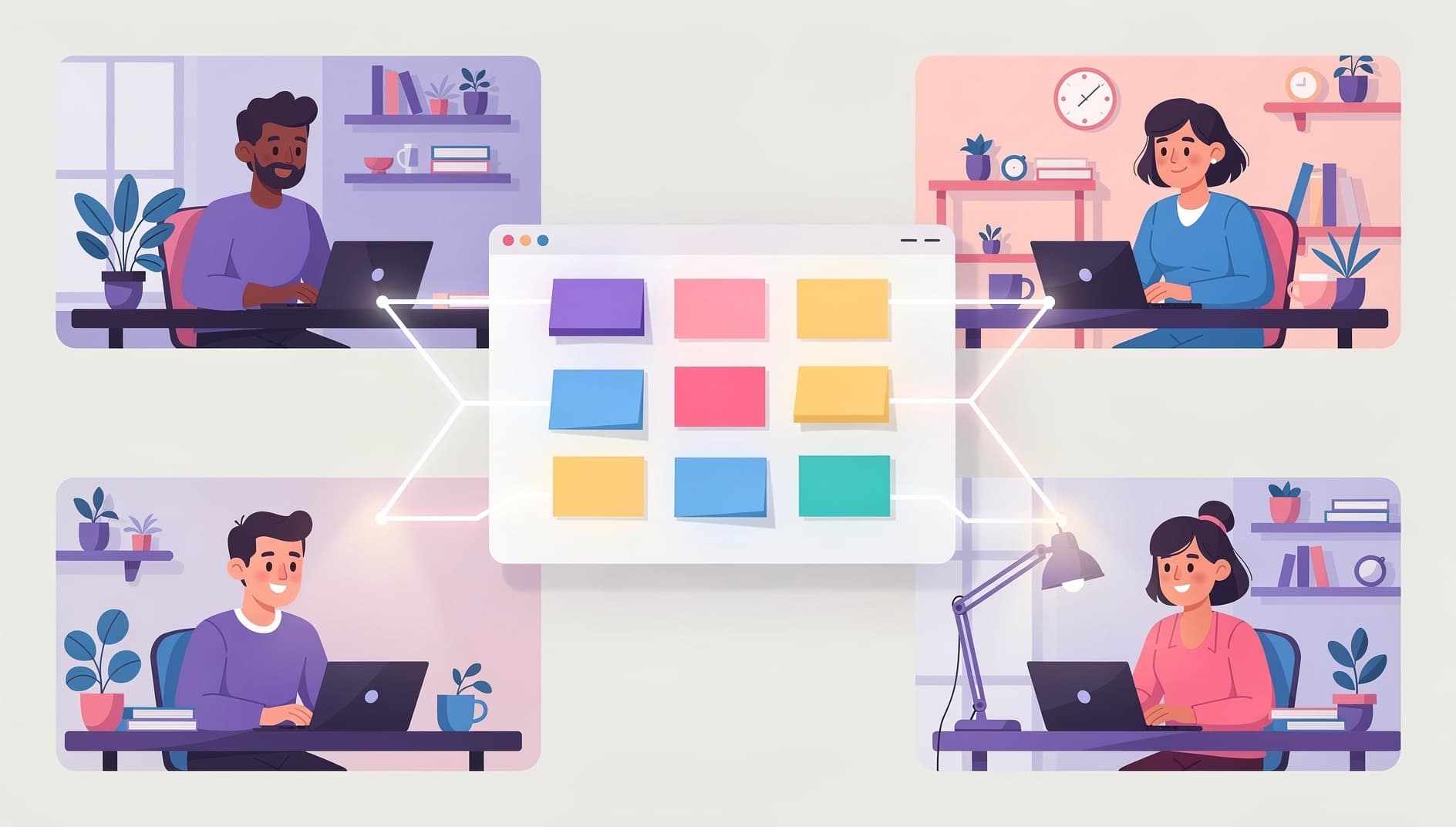 Illustrated remote team members in separate home offices, each on their own screen, contributing sticky notes to a single shared digital retrospective board in the center