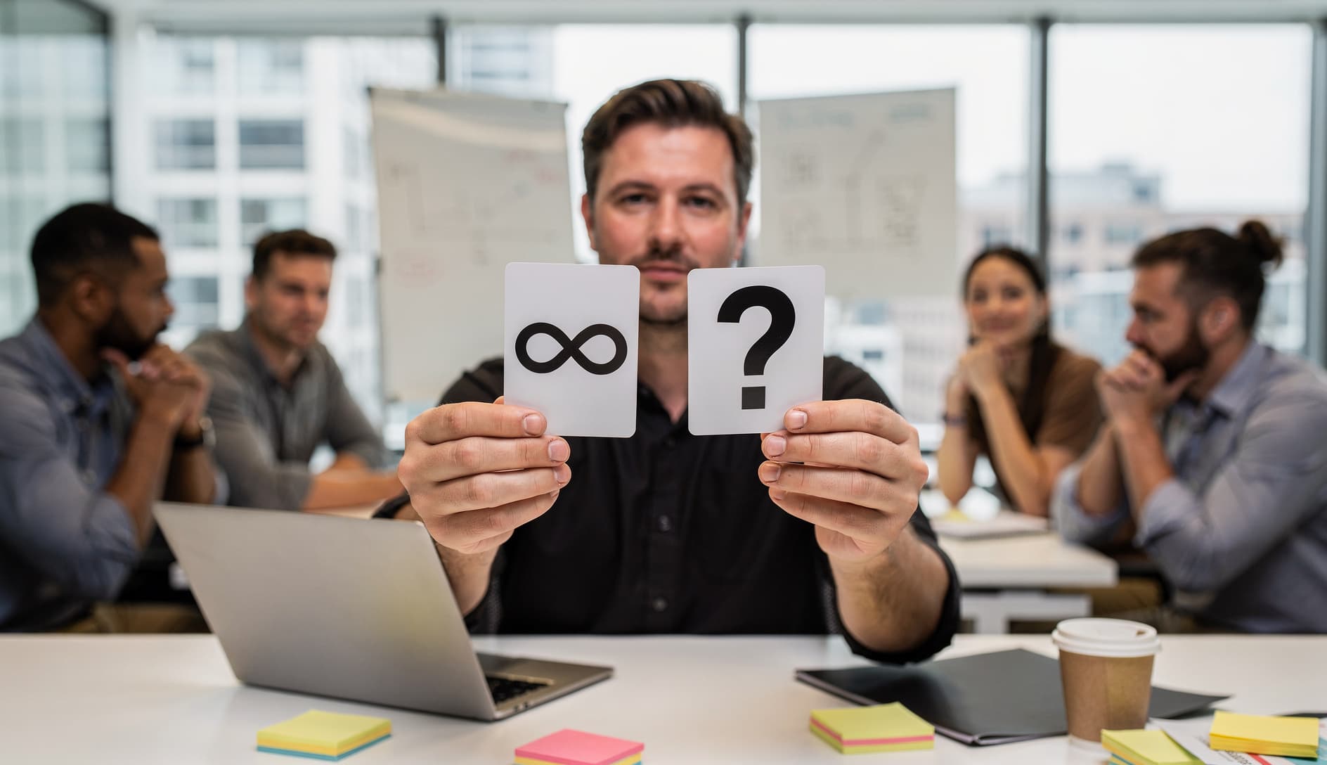 Developer holding up an infinity card and a question mark card during a planning poker session