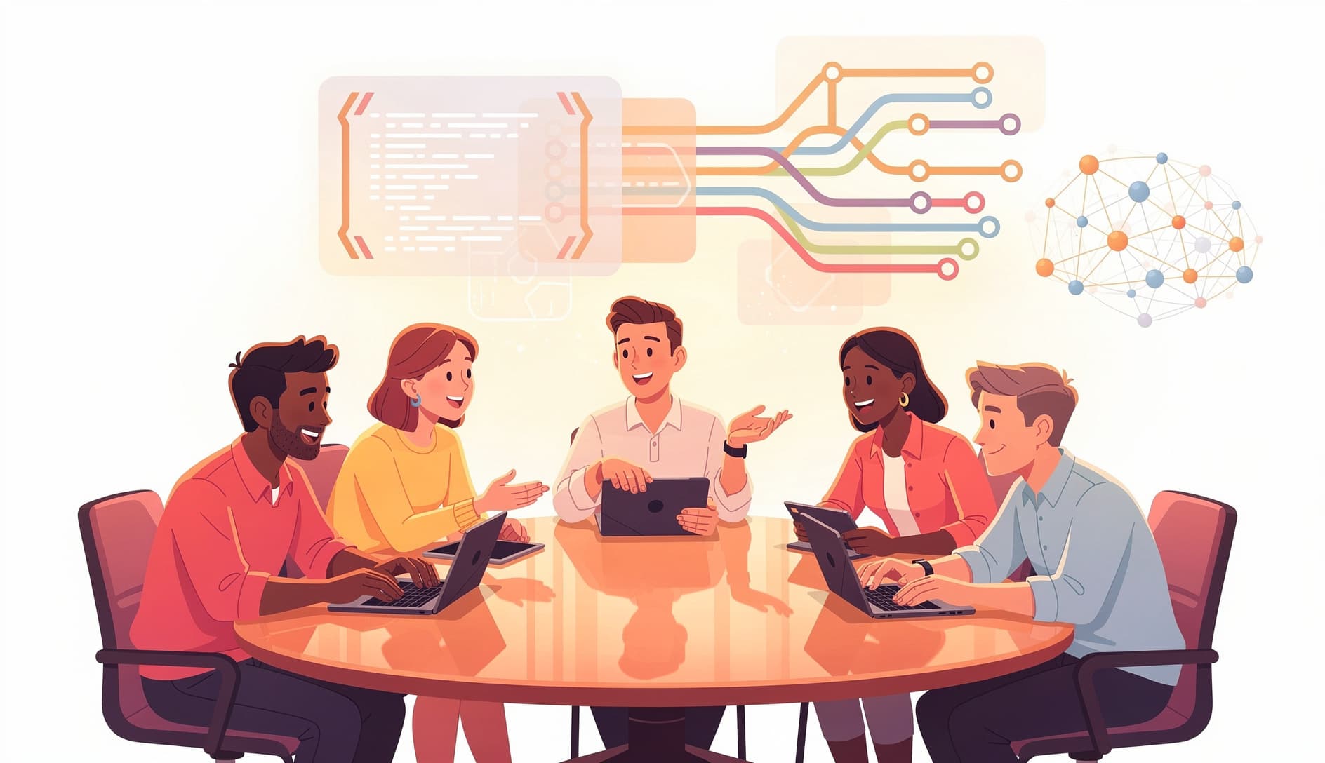 A software team gathered around a table having a lively discussion while AI-related icons and code symbols float in the background, contrasting human collaboration with digital automation