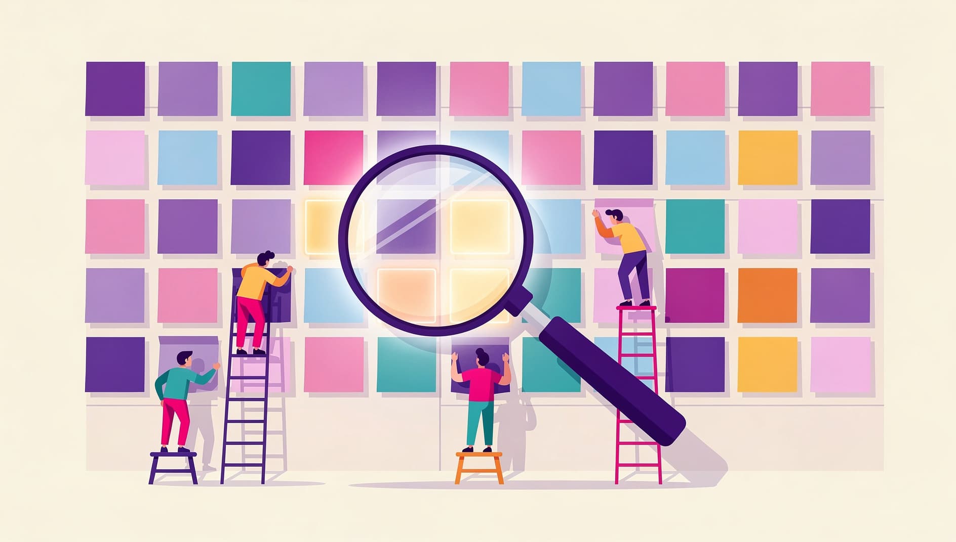 Stylized flat illustration of a giant magnifying glass hovering over a wall of colorful sticky notes, with a few notes glowing and small characters inspecting them