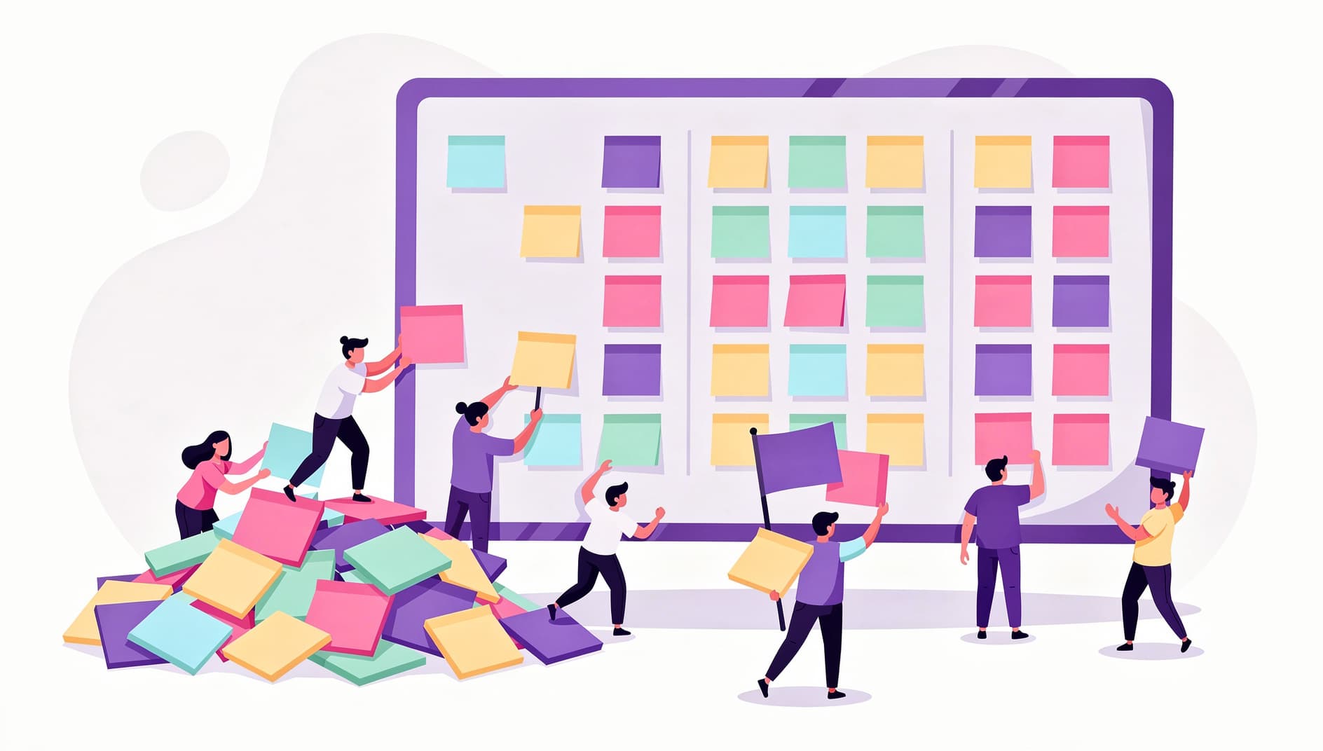 Flat illustration of a team moving sticky notes from a chaotic pile into three tidy labeled lanes on a board, one character holding a small flag